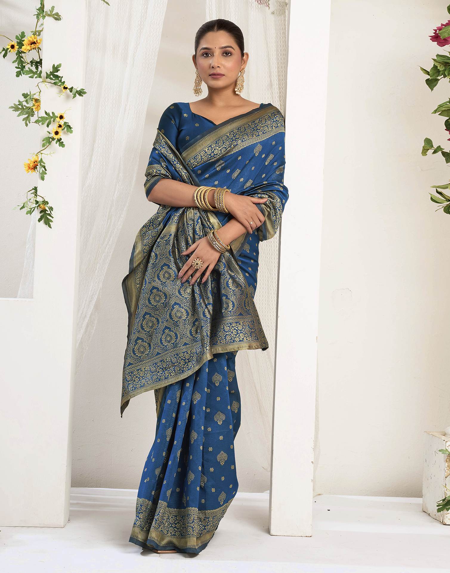 Rama Blue Silk Woven Banarasi Saree - Image 5