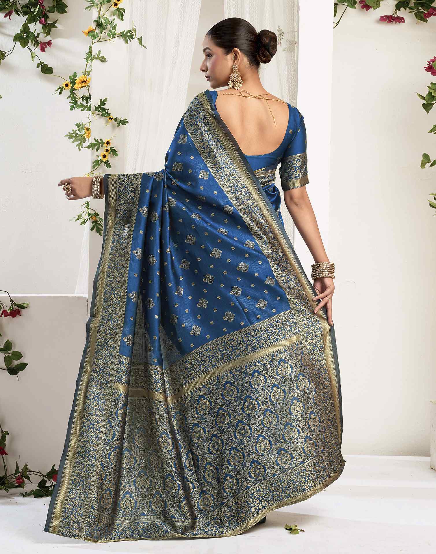 Rama Blue Silk Woven Banarasi Saree - Image 6