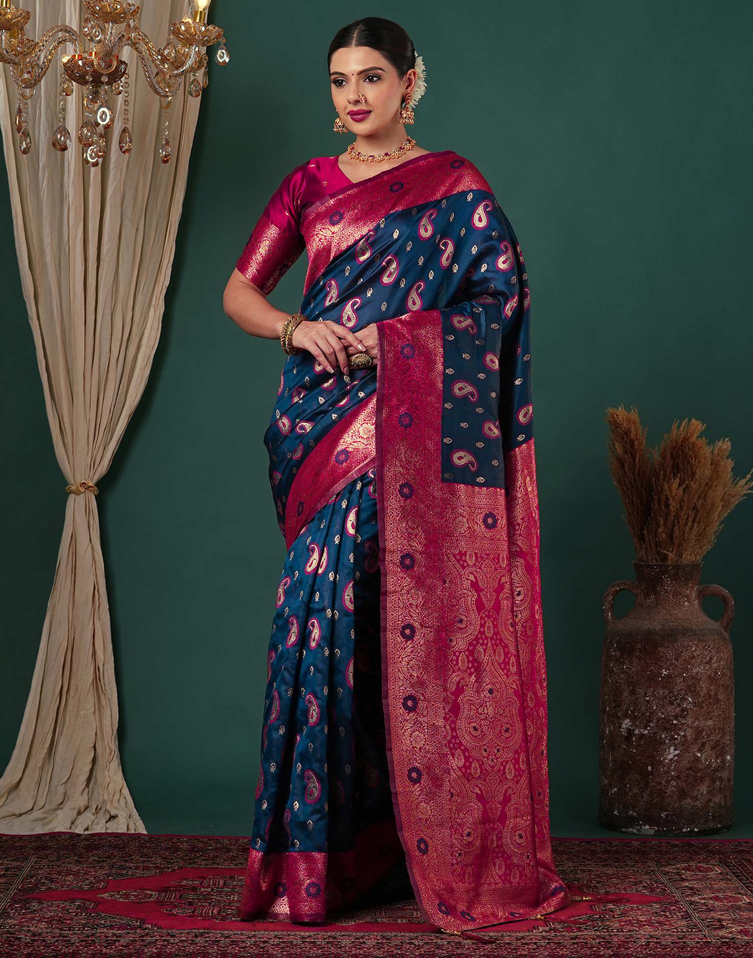 Rama Blue Silk Woven Banarasi Saree - Image 2