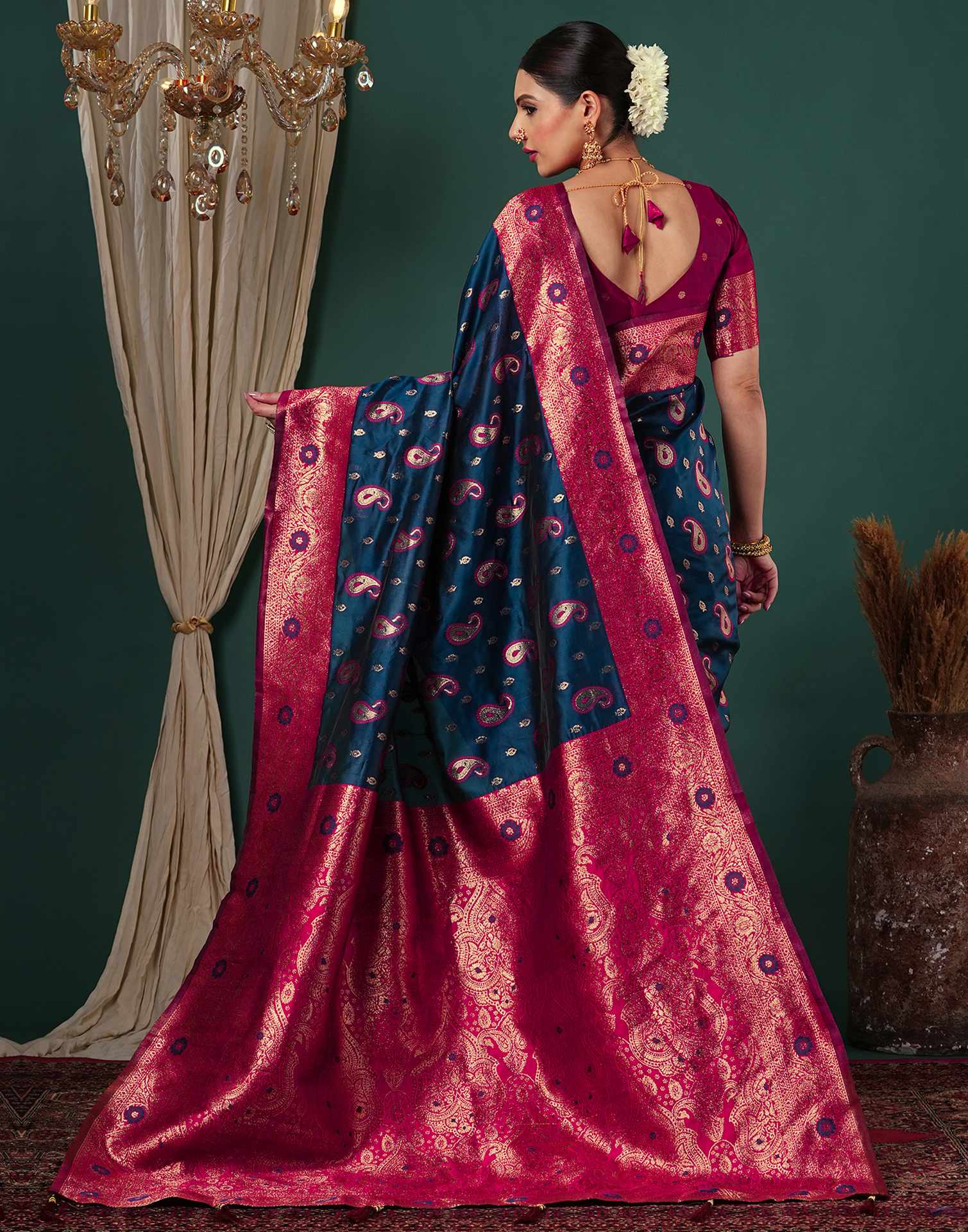 Rama Blue Silk Woven Banarasi Saree - Image 4