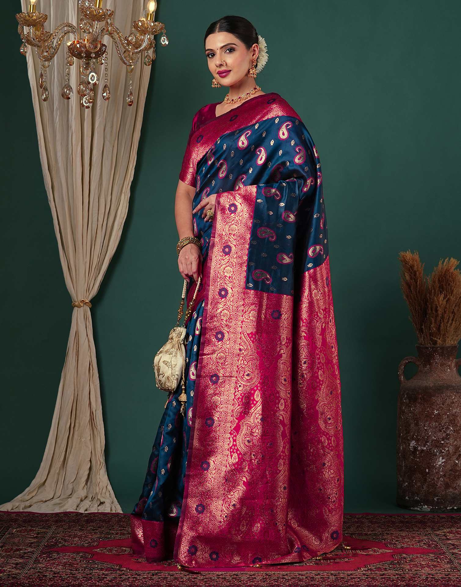 Rama Blue Silk Woven Banarasi Saree - Image 5