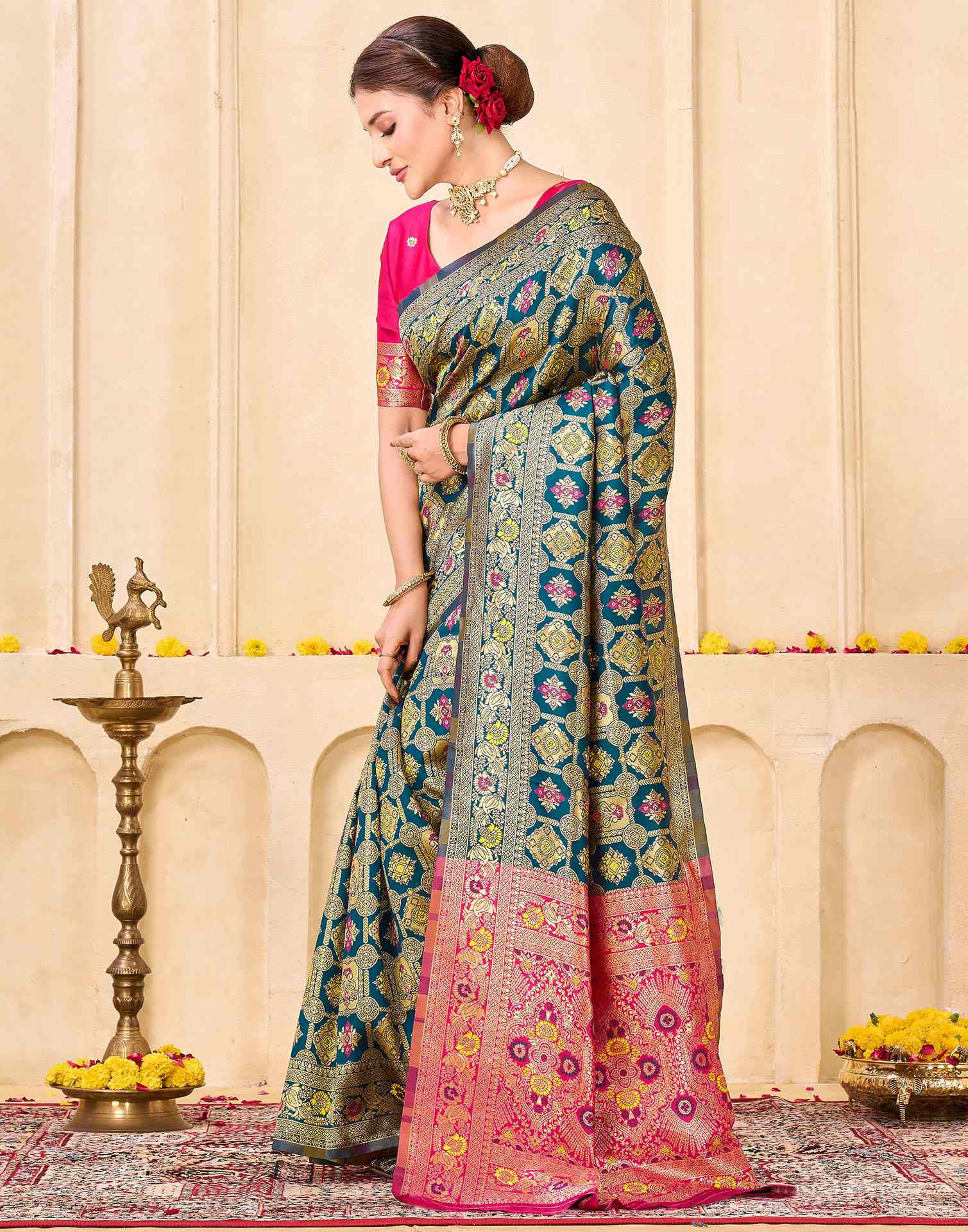 Rama Blue Silk Woven Banarasi Saree - Image 4