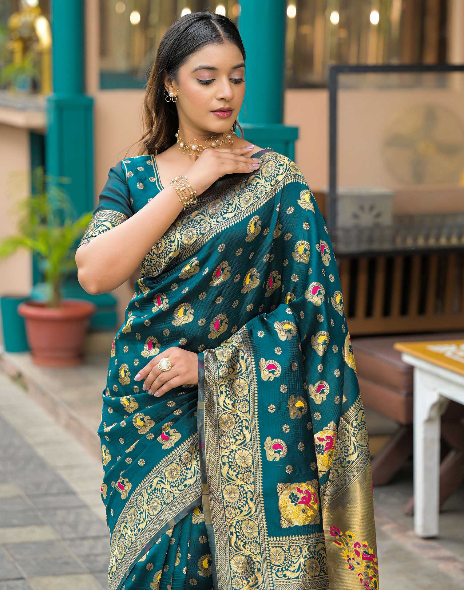 Rama Blue Silk Woven Banarasi Saree - Image 2