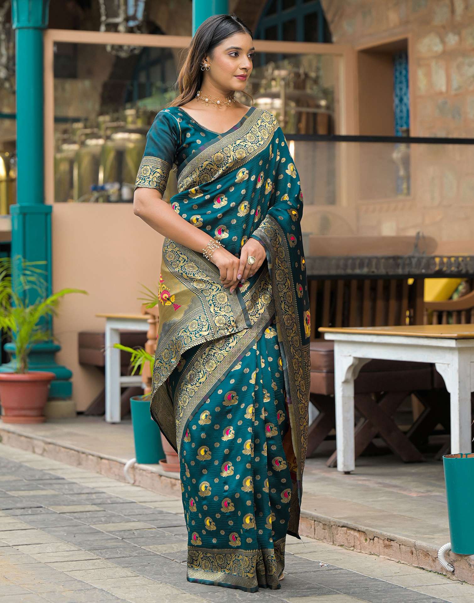 Rama Blue Silk Woven Banarasi Saree - Image 5