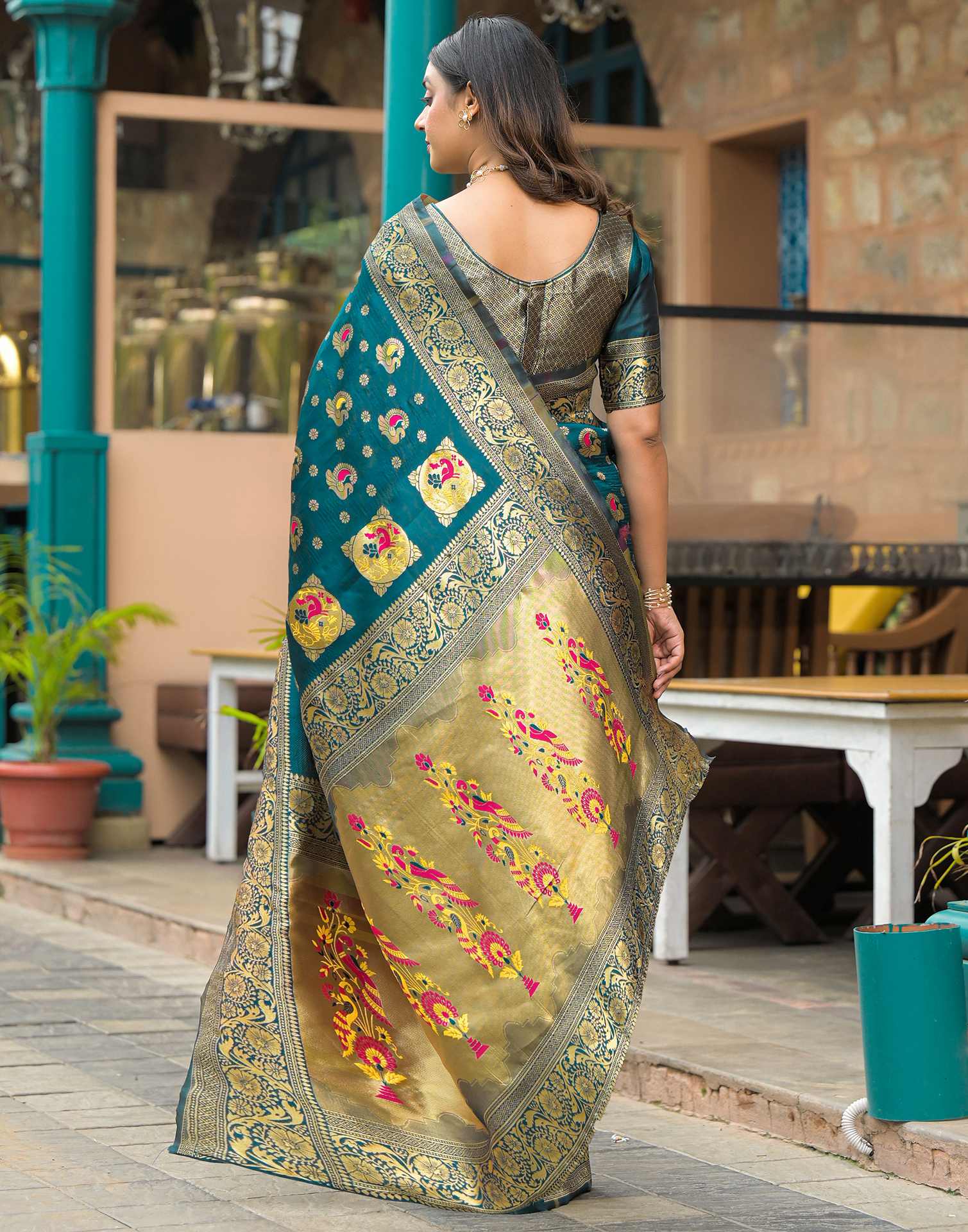 Rama Blue Silk Woven Banarasi Saree - Image 6