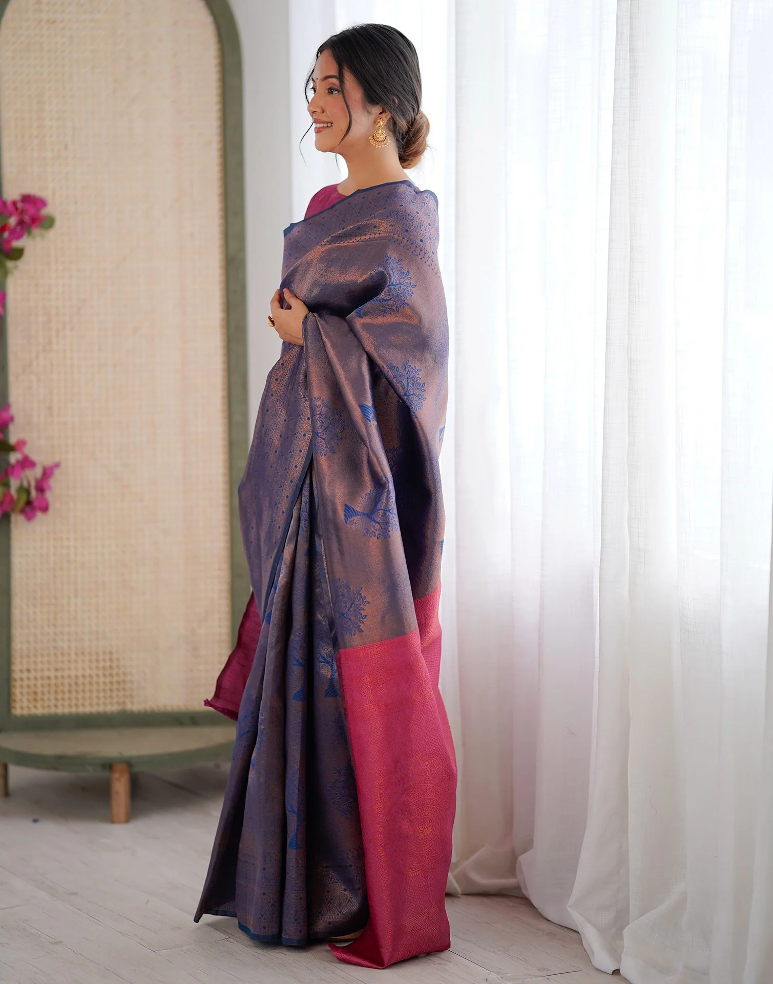 Rama Blue Silk Woven Banarasi Saree - Image 3