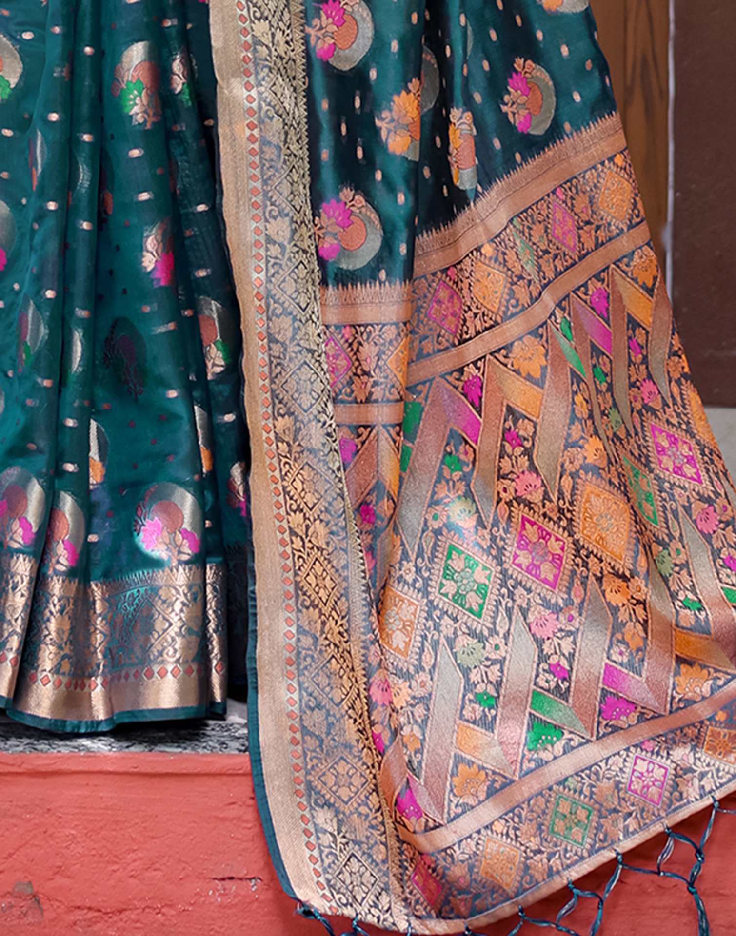 Rama Blue Silk Woven Banarasi Saree - Image 10