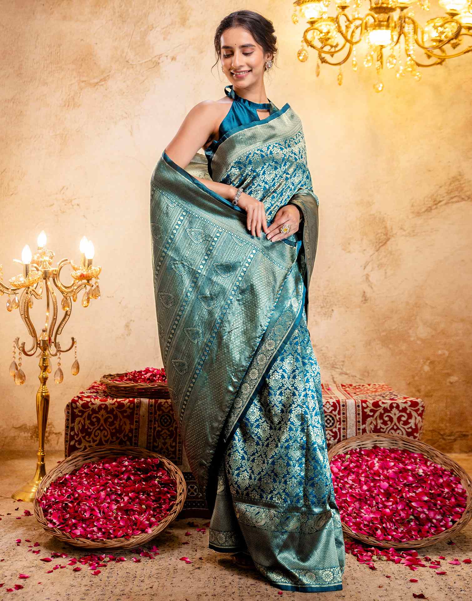 Rama Blue Silk Woven Banarasi Saree - Image 6