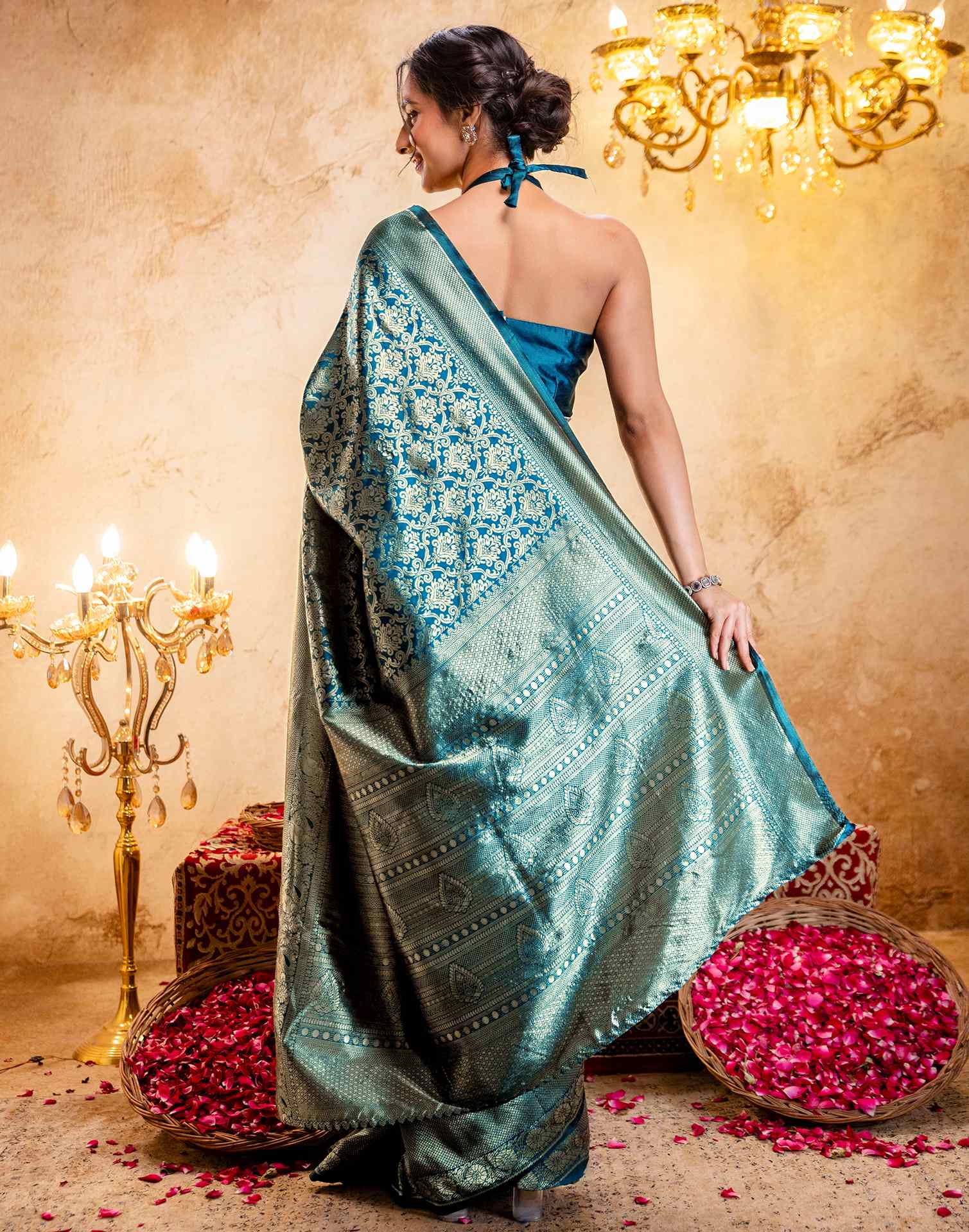Rama Blue Silk Woven Banarasi Saree - Image 8
