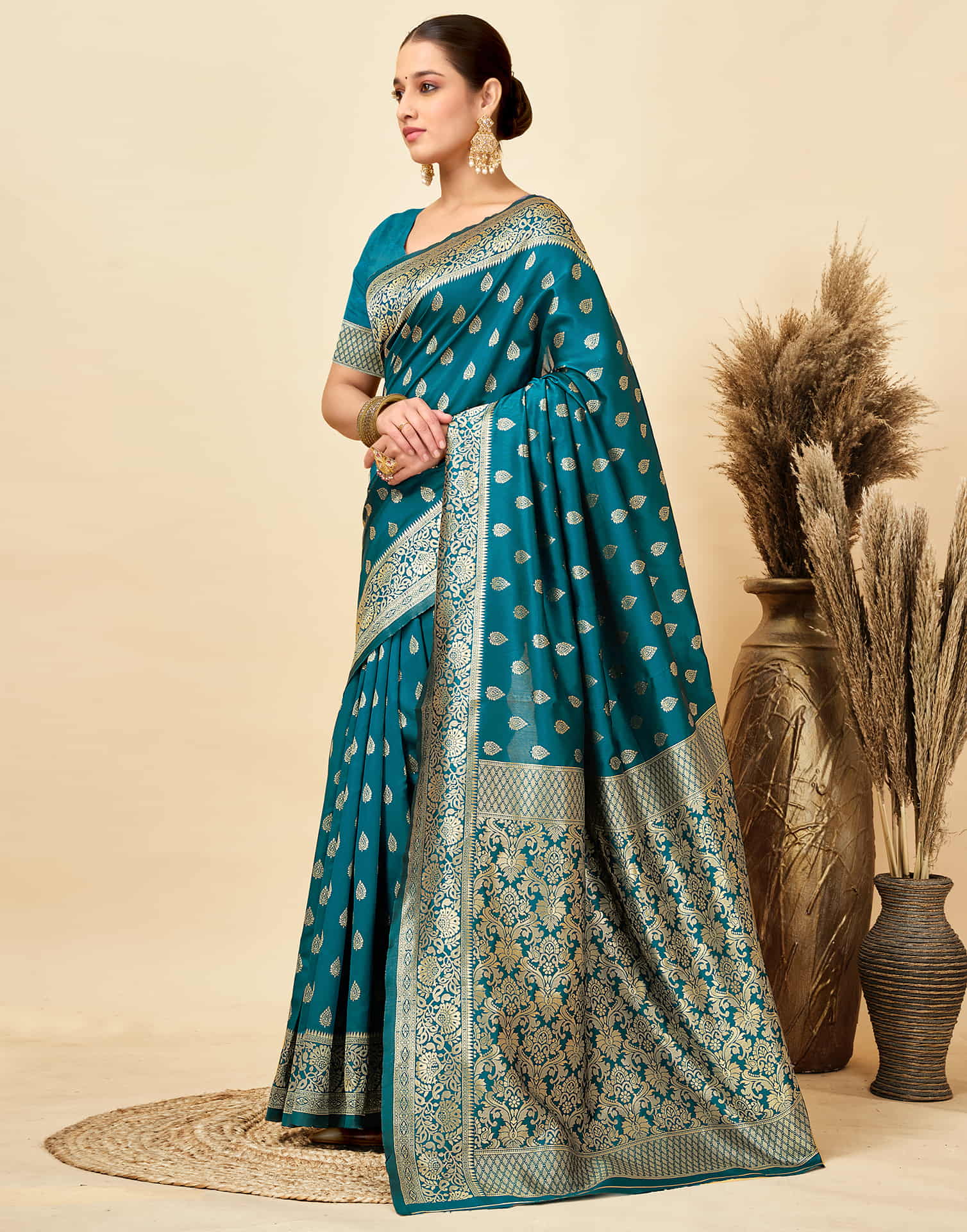 Rama Blue Silk Woven Banarasi Saree - Image 5