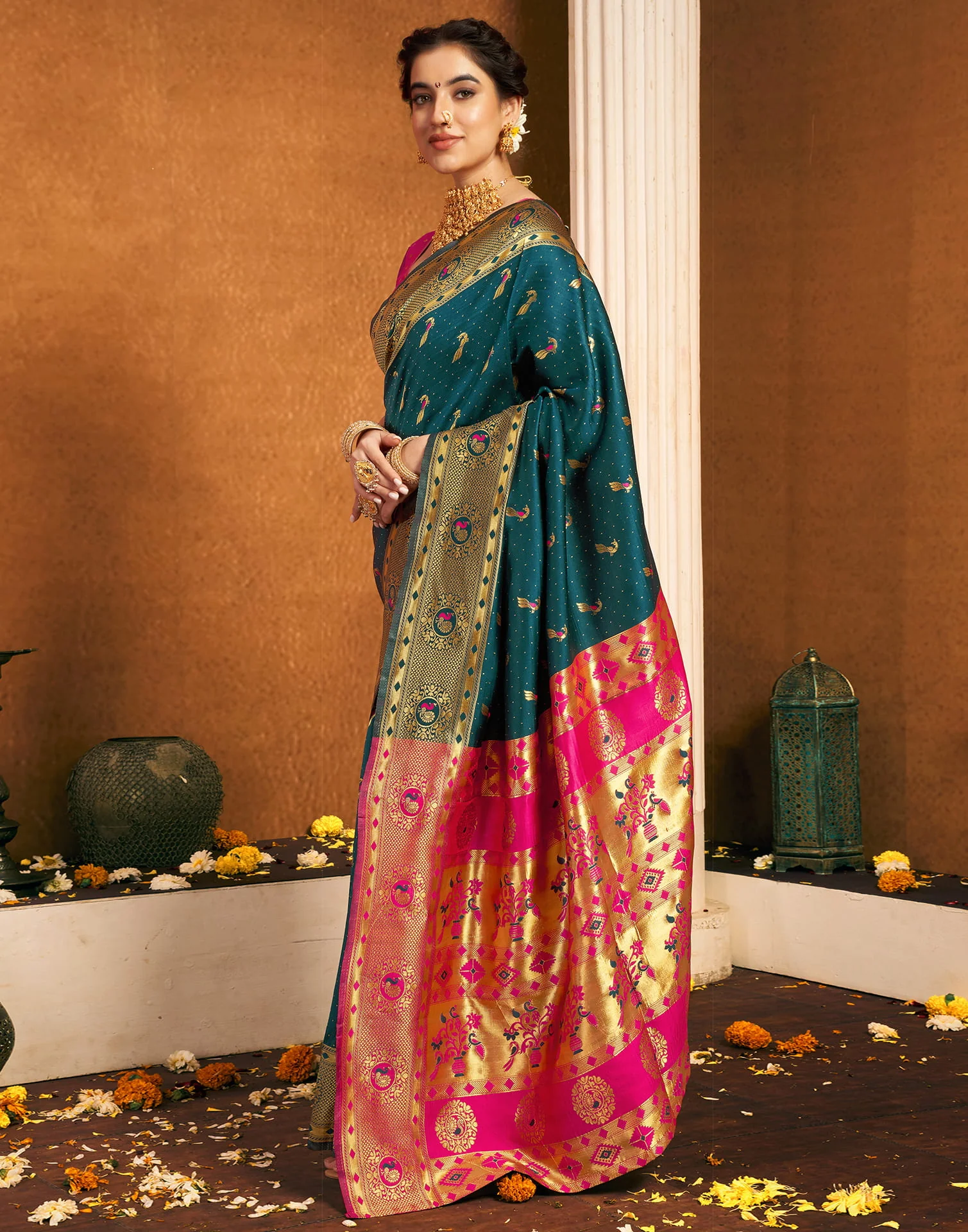 Green Silk Woven Paithani Saree - Image 4