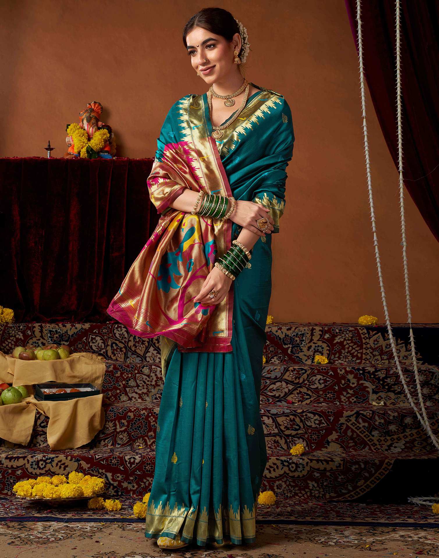 Rama Blue Silk Paithani Chaturthi Saree - Image 6