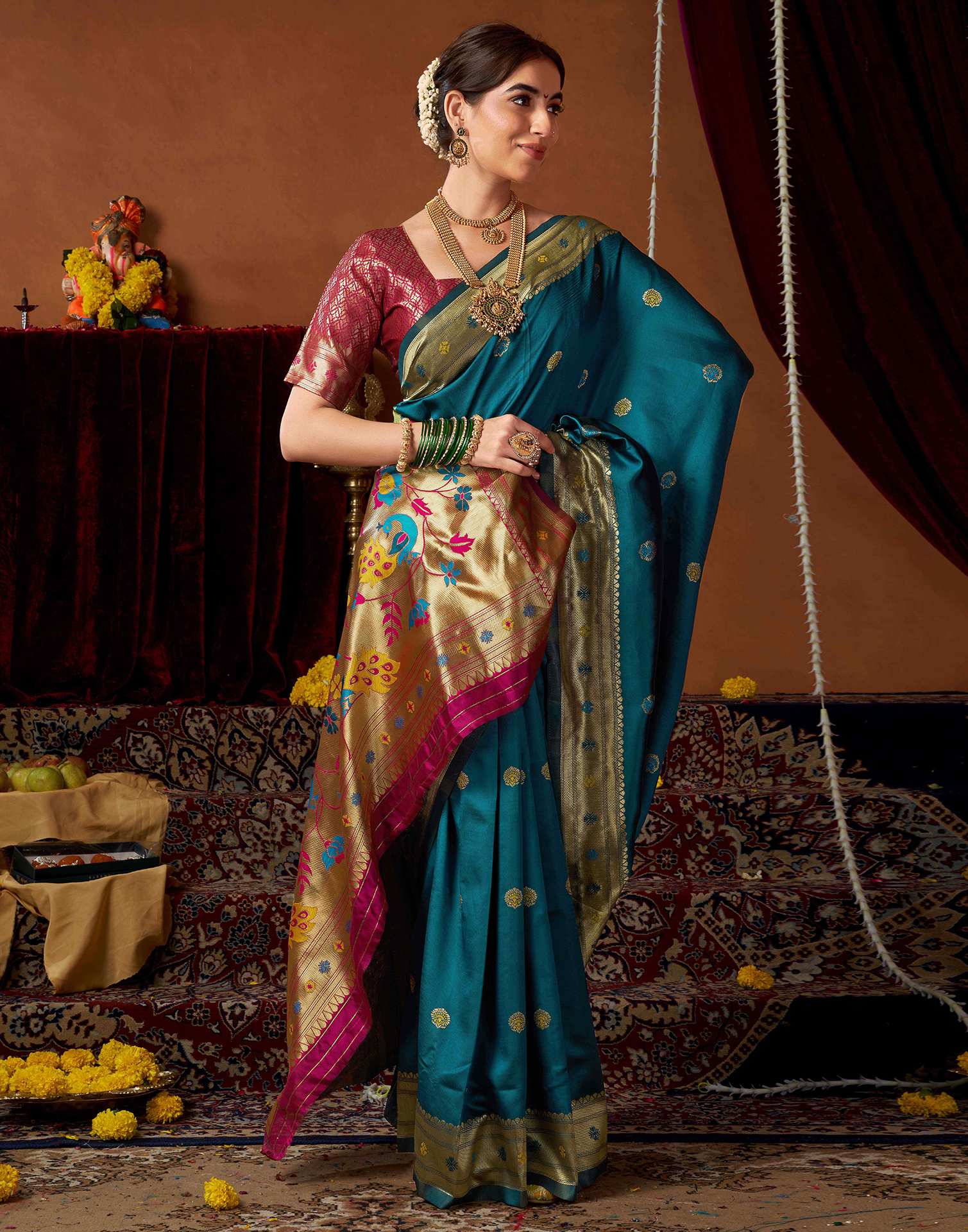 Rama Blue Silk Paithani Chaturthi Saree - Image 5