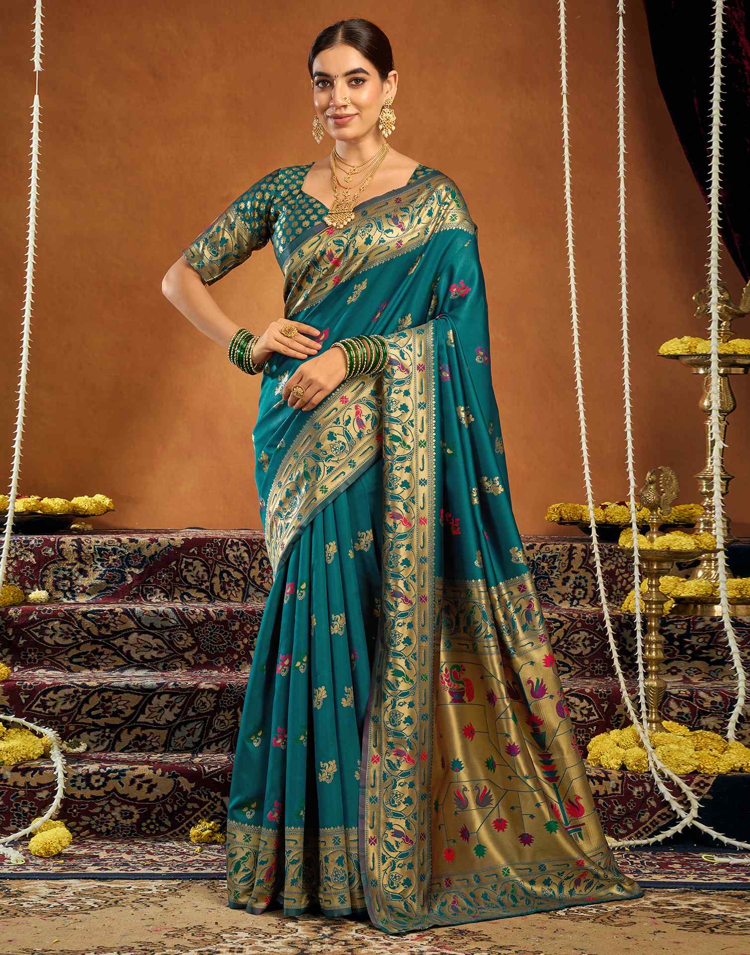Rama Blue Silk Woven Paithani Saree - Image 2