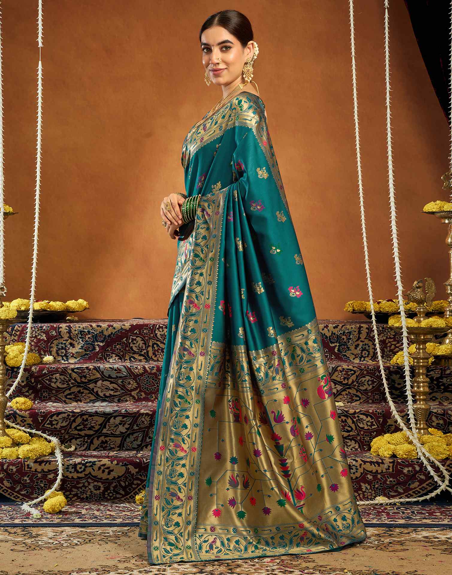 Rama Blue Silk Woven Paithani Saree - Image 4