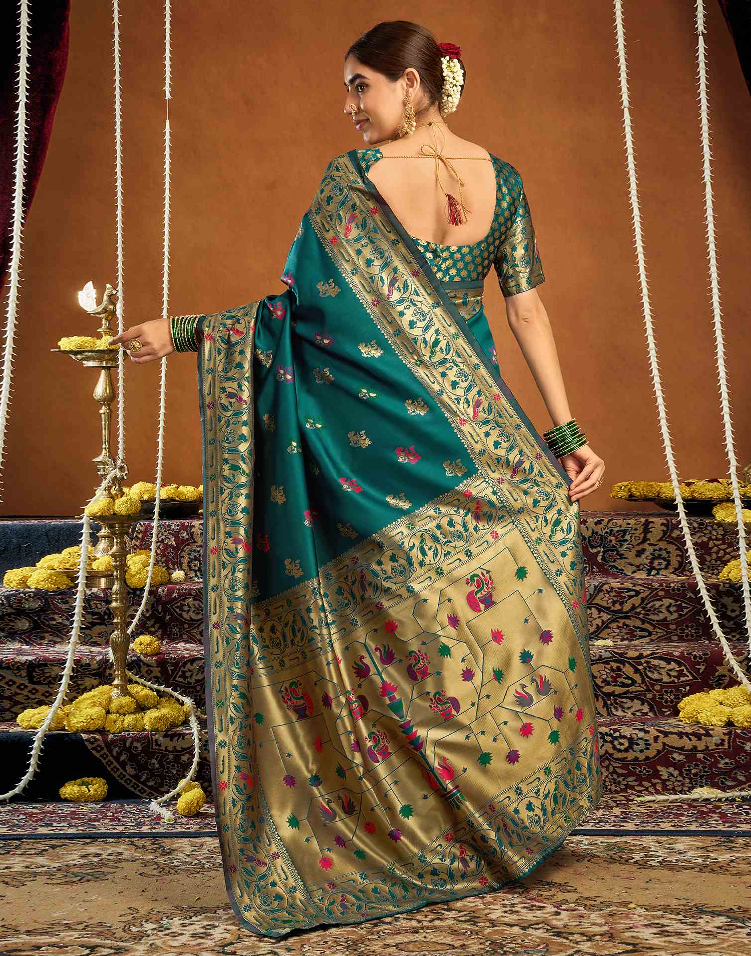 Rama Blue Silk Woven Paithani Saree - Image 6
