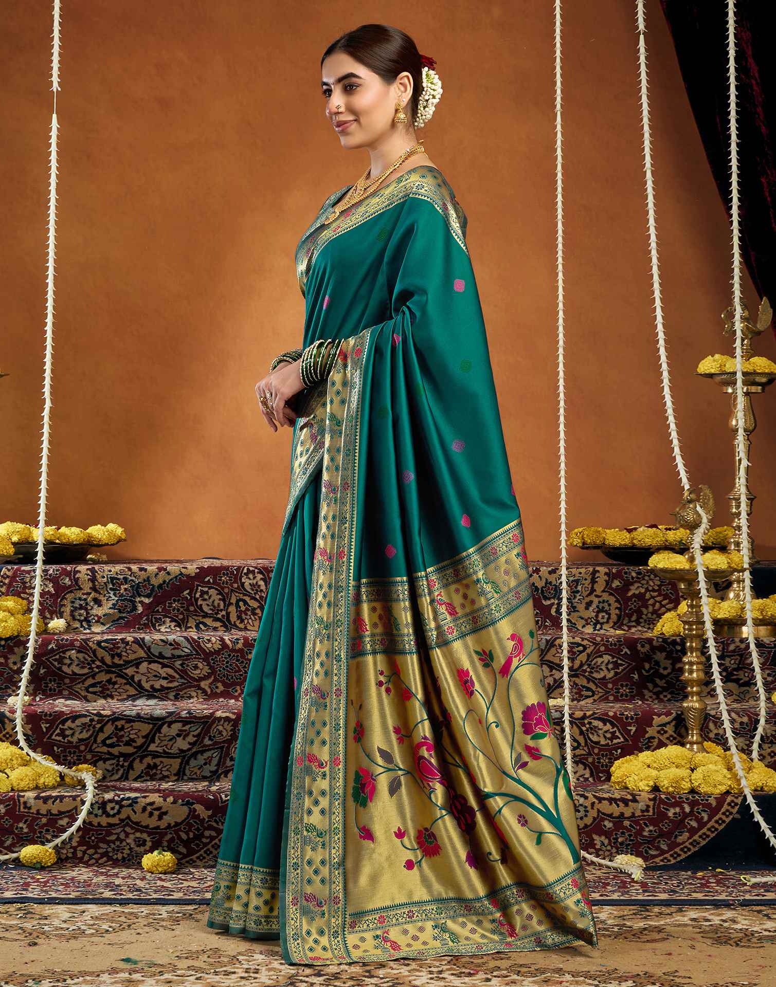 Rama Blue Silk Woven Paithani Saree - Image 4