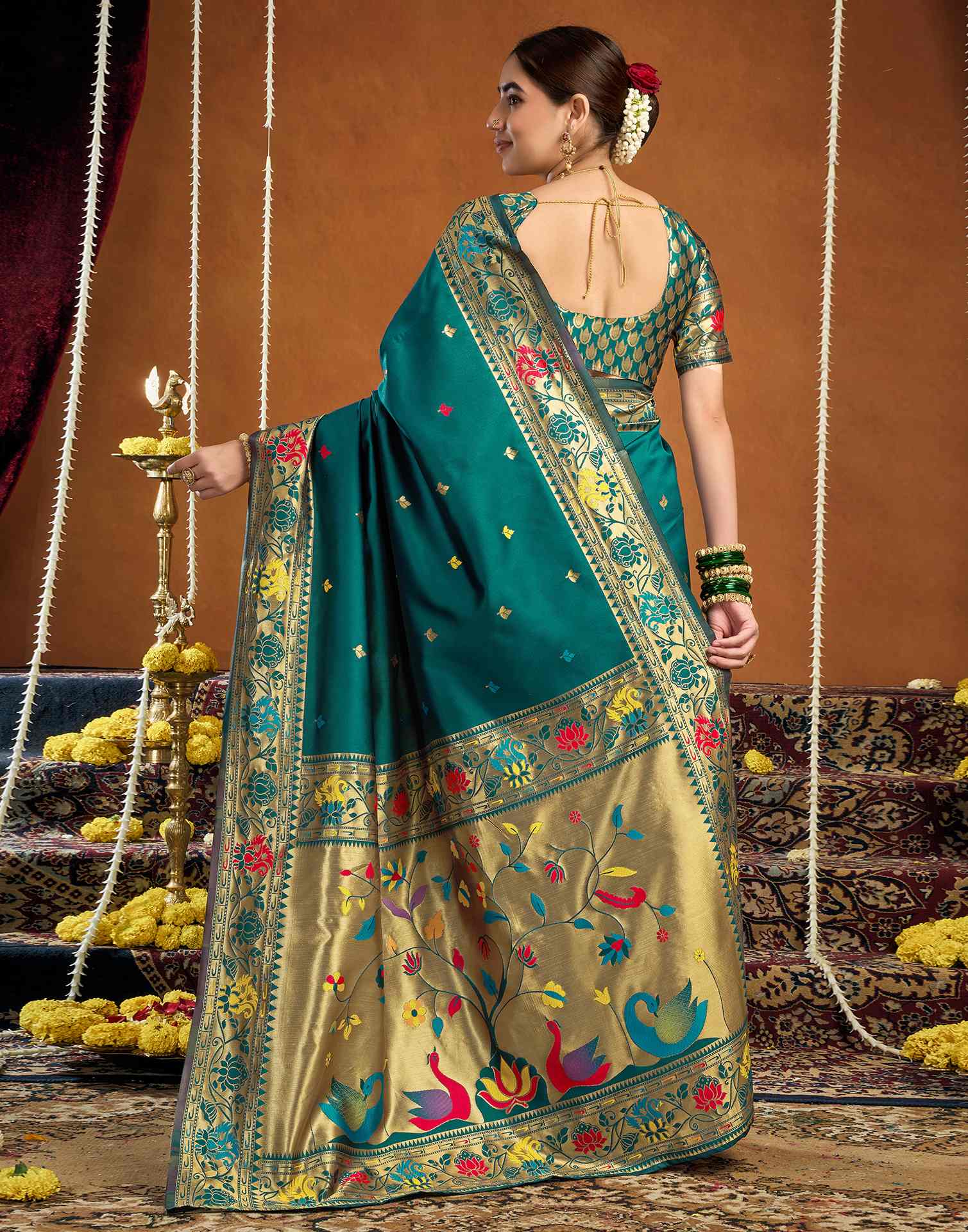 Rama Blue Silk Woven Paithani Saree - Image 6