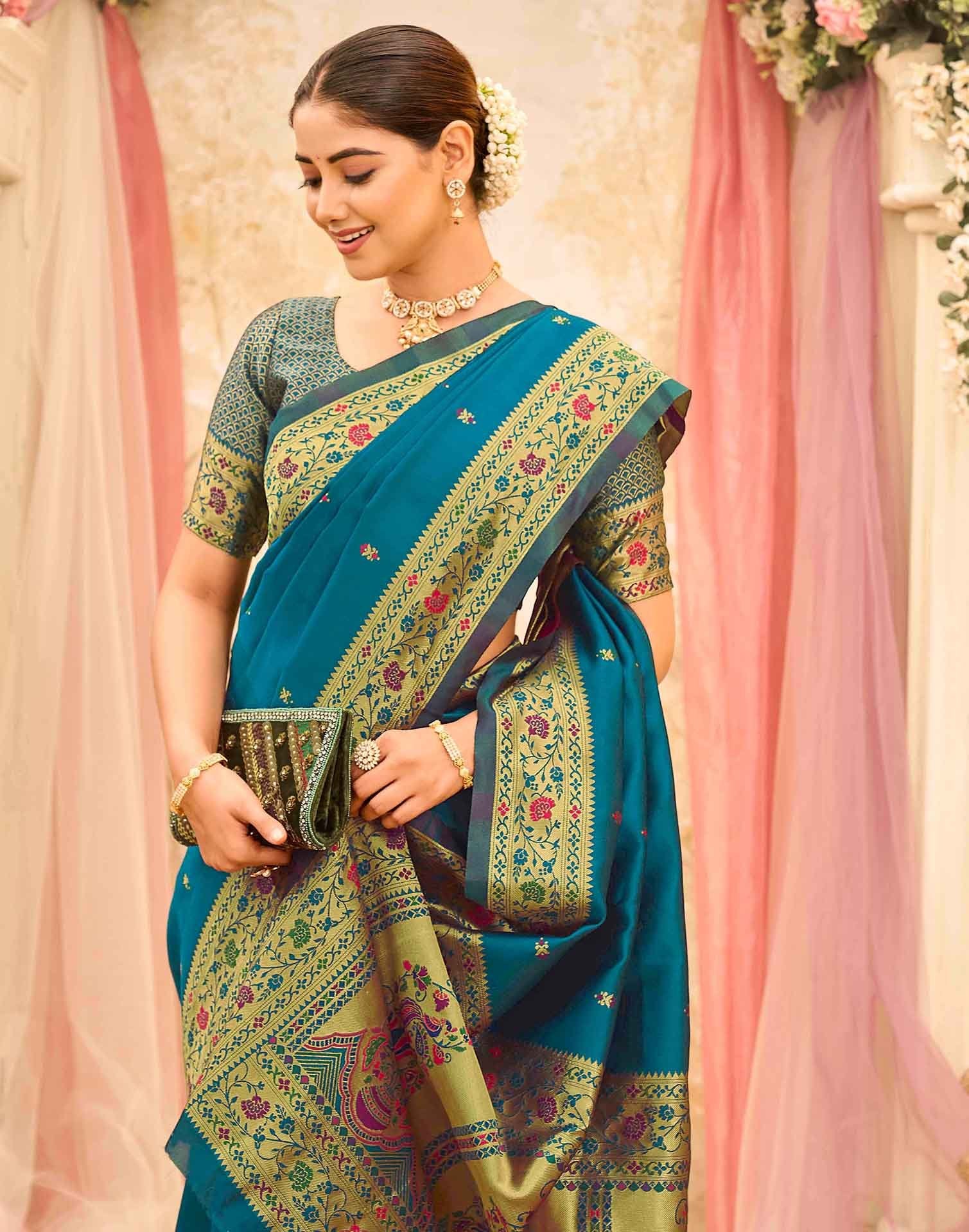 Rama Blue Silk Woven Paithani Saree - Image 2