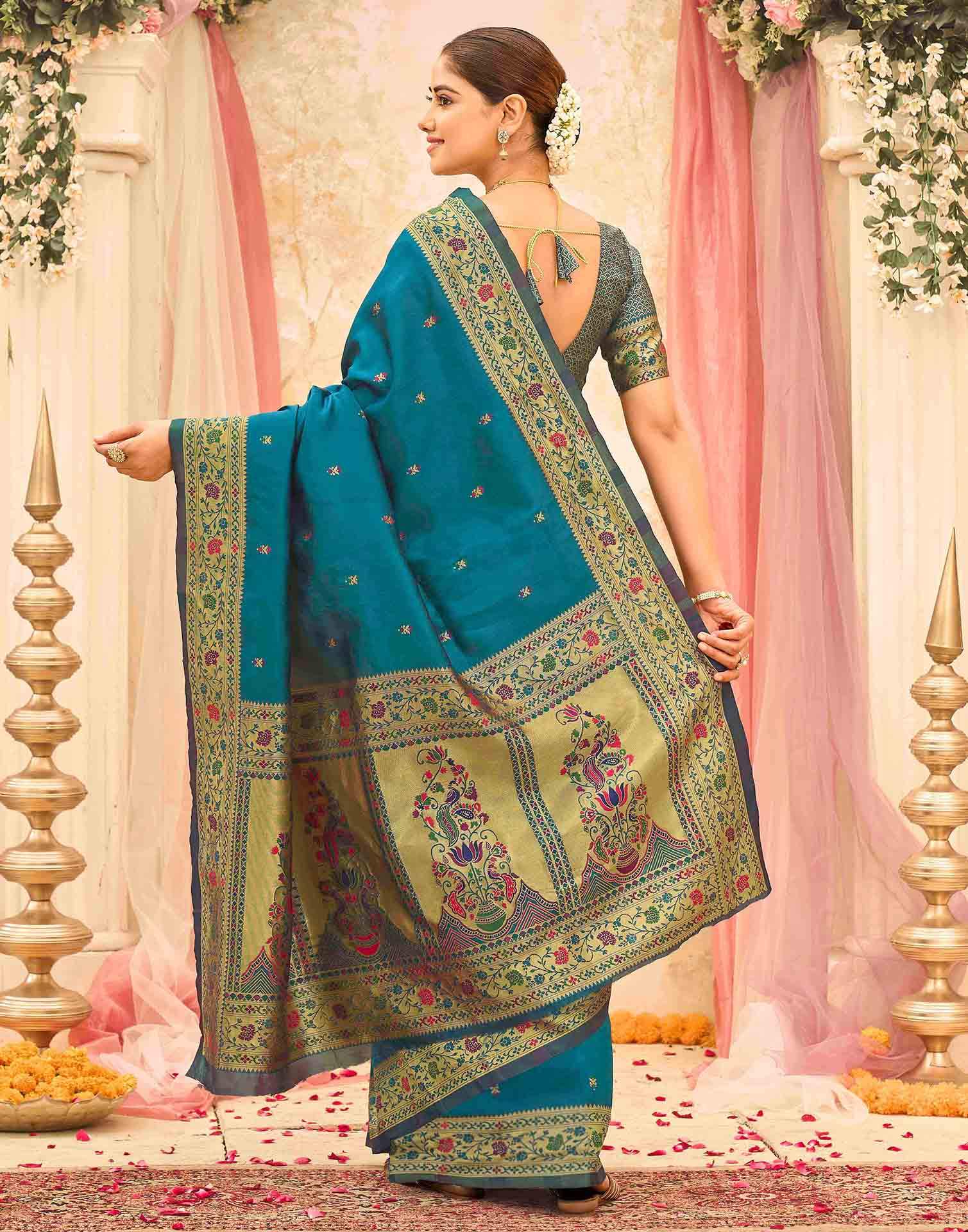 Rama Blue Silk Woven Paithani Saree - Image 6
