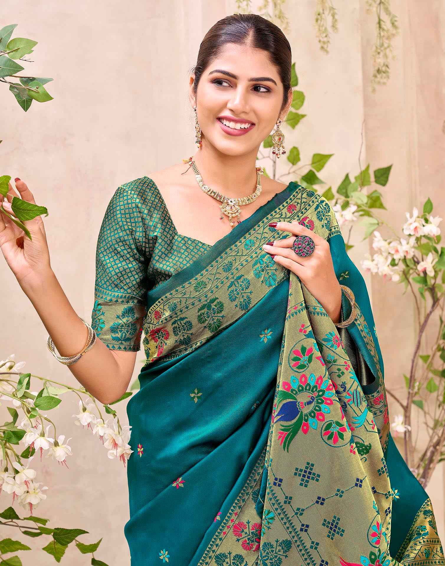 Rama Blue Silk Woven Paithani Saree - Image 2