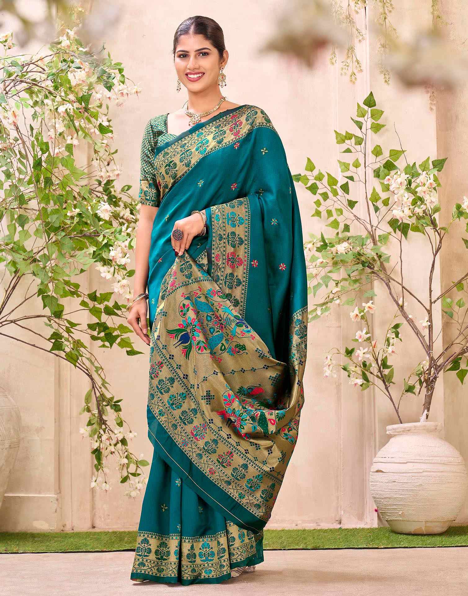Rama Blue Silk Woven Paithani Saree - Image 5