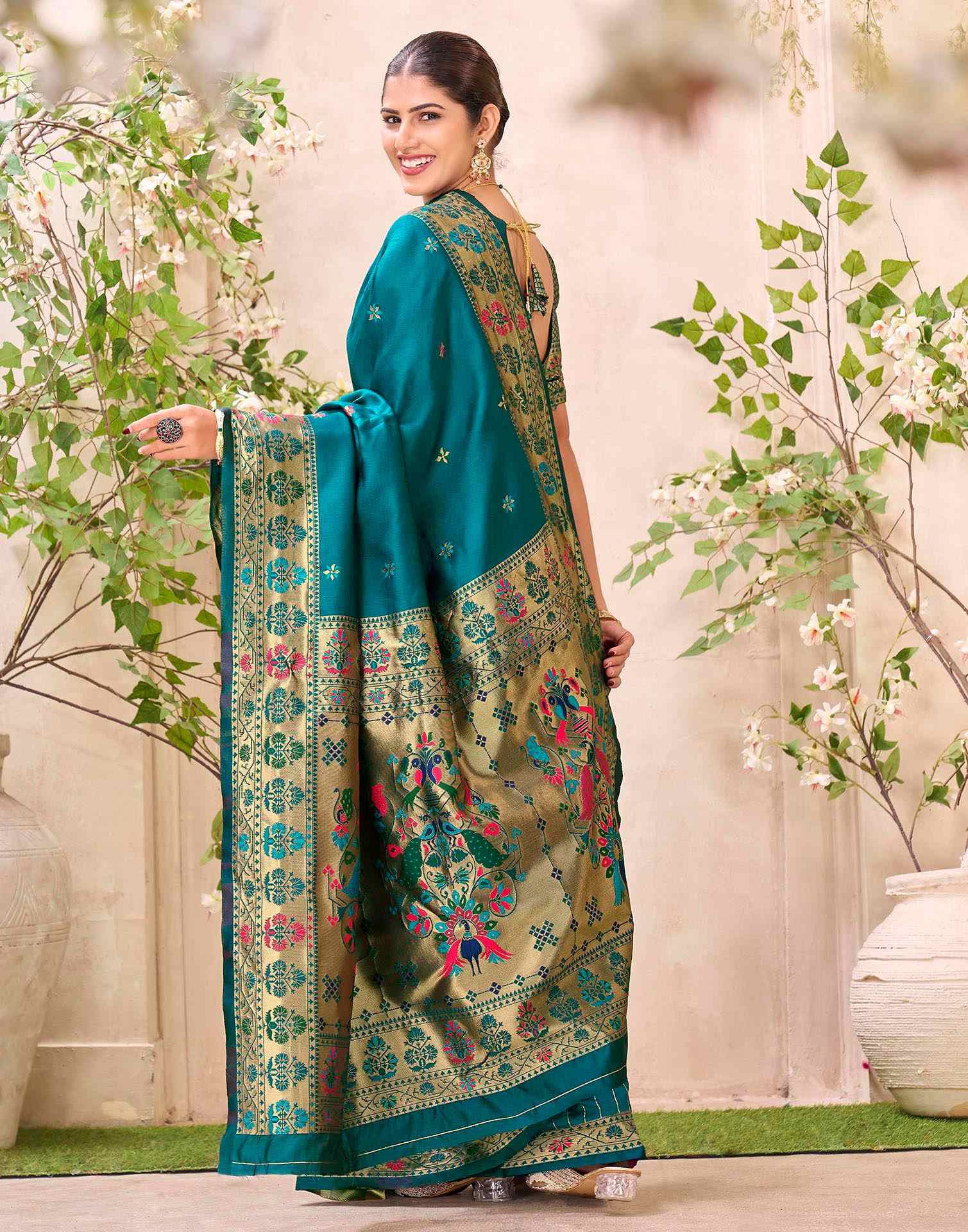 Rama Blue Silk Woven Paithani Saree - Image 6