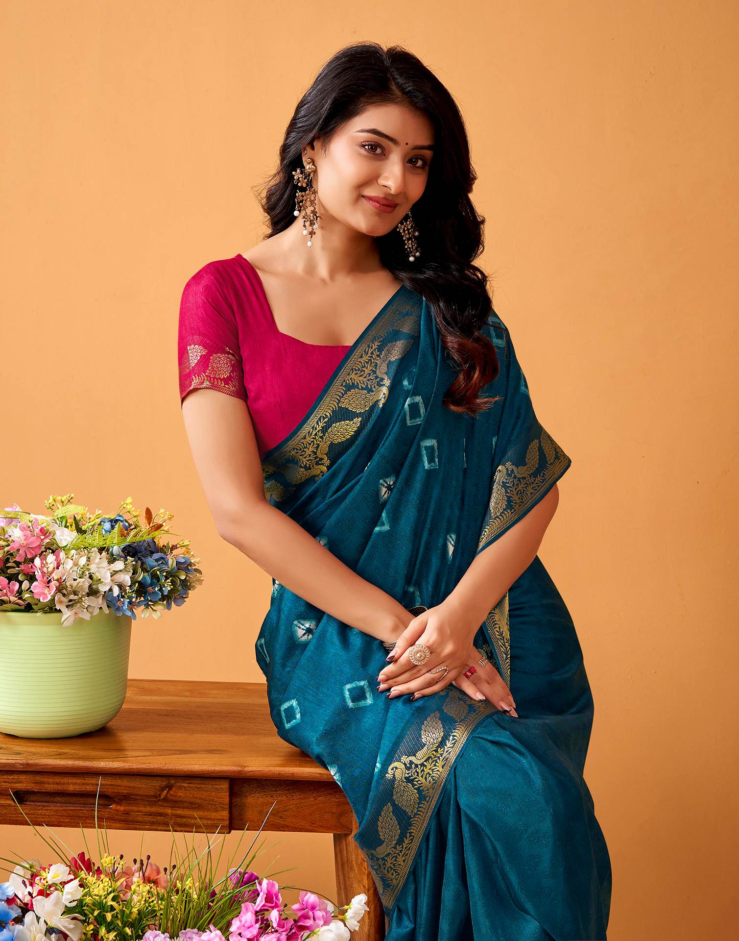 Rama Blue Silk Woven Printed Saree - Image 2