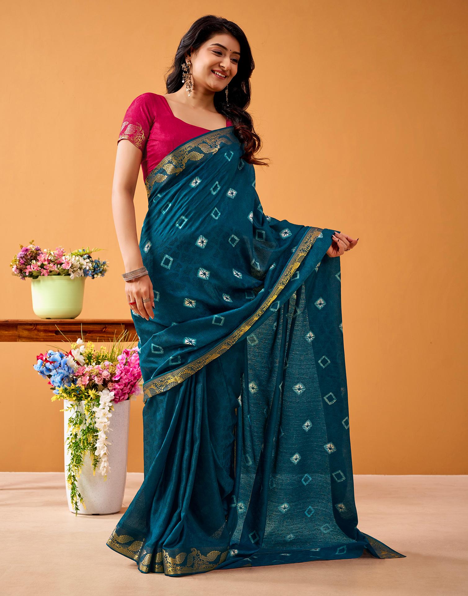 Rama Blue Silk Woven Printed Saree - Image 4