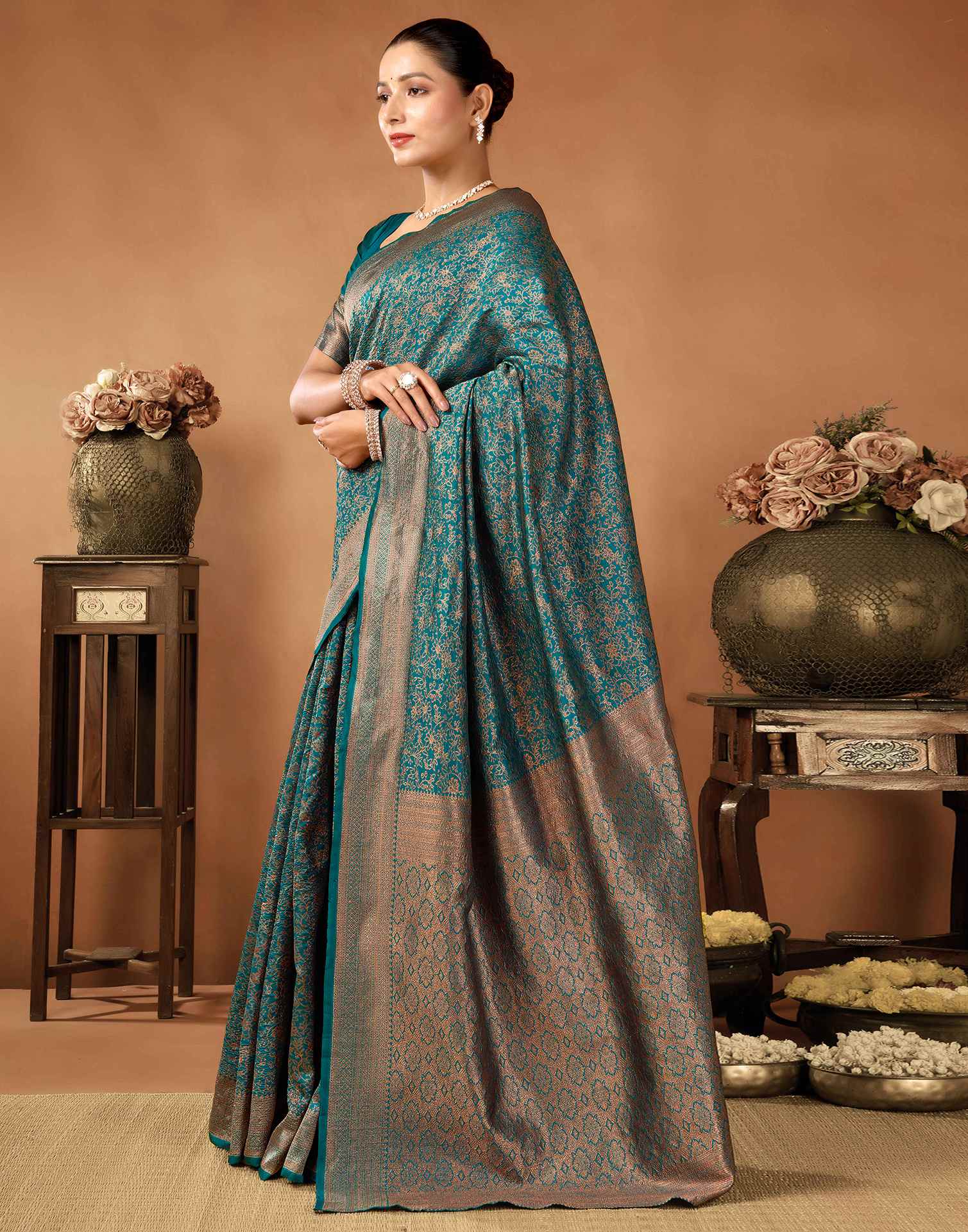 Rama Blue Silk Woven Saree - Image 4
