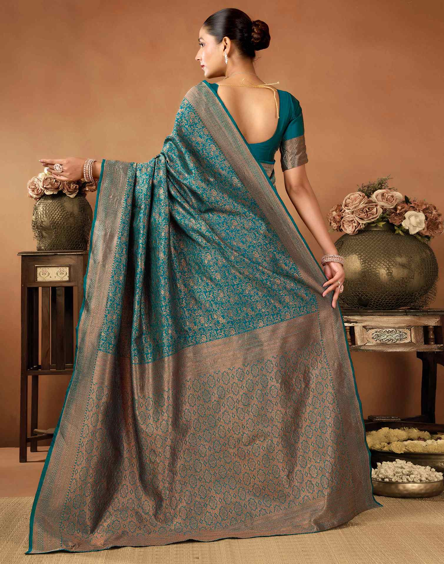 Rama Blue Silk Woven Saree - Image 6
