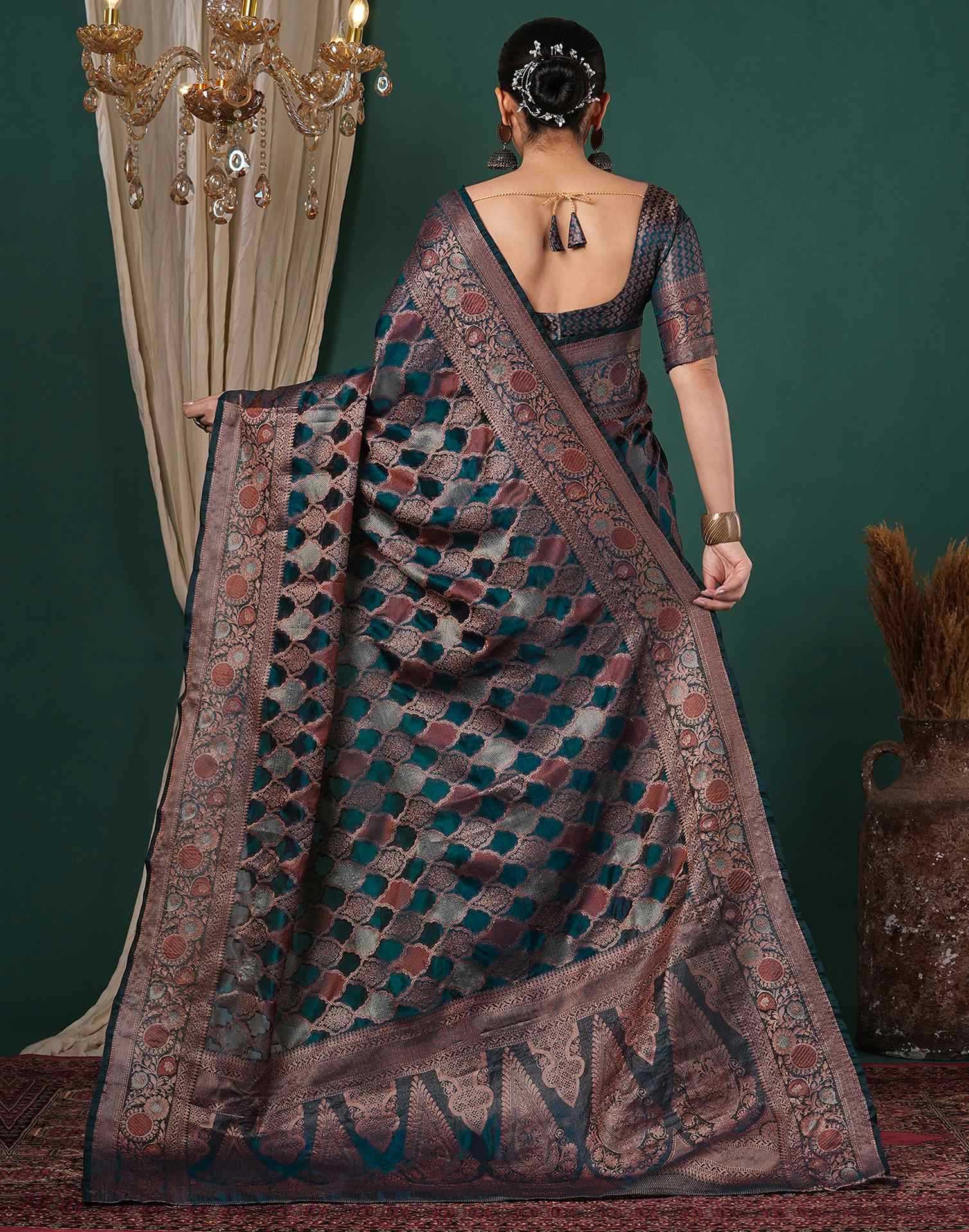 Rama Blue Silk Woven Saree - Image 5
