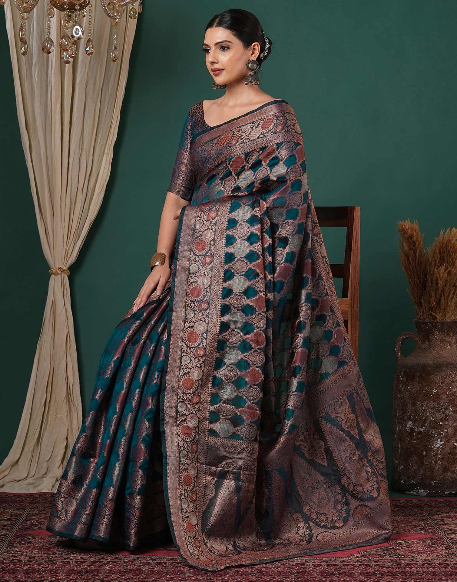Rama Blue Silk Woven Saree - Image 6