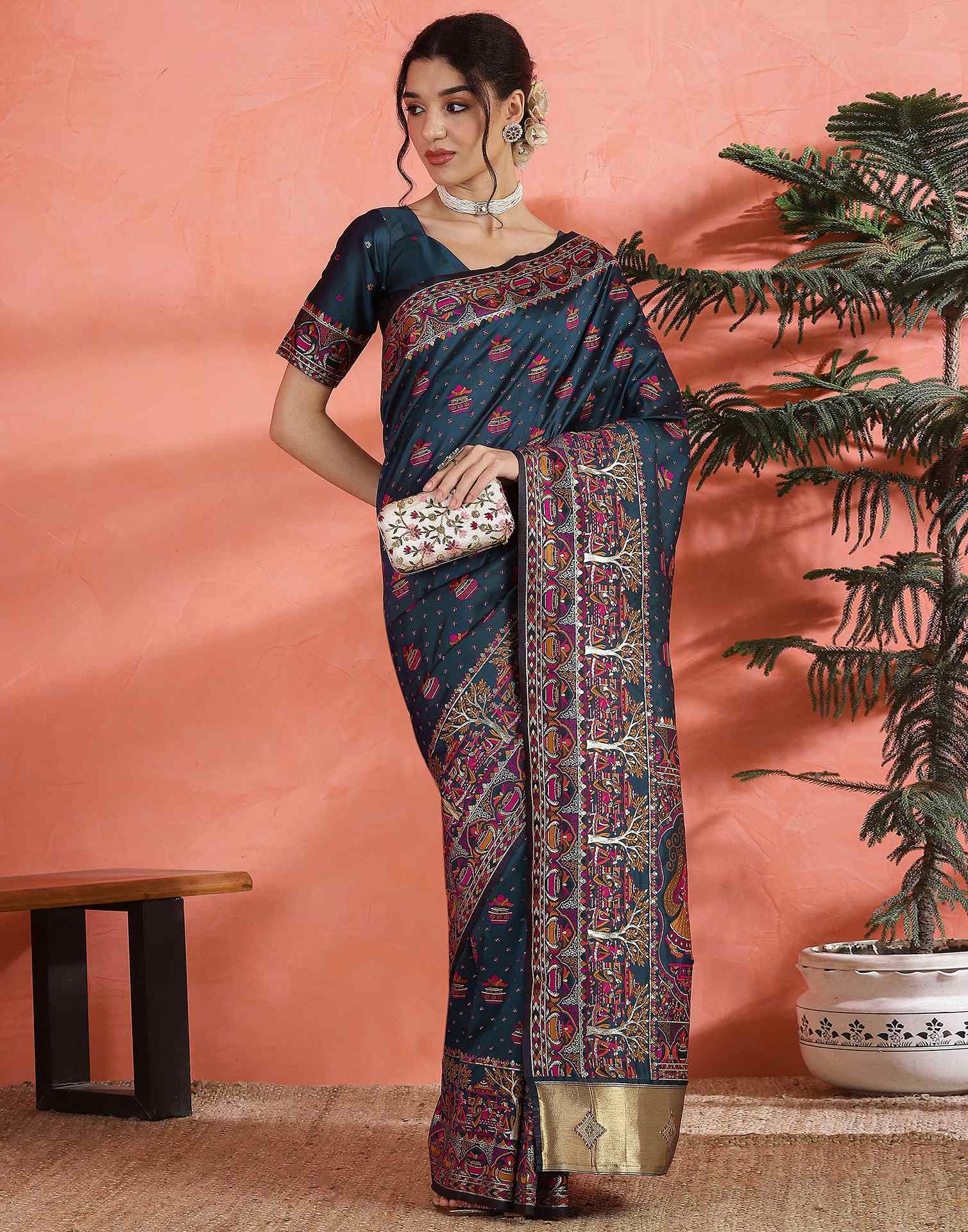 Rama Blue Silk Woven Saree - Image 5