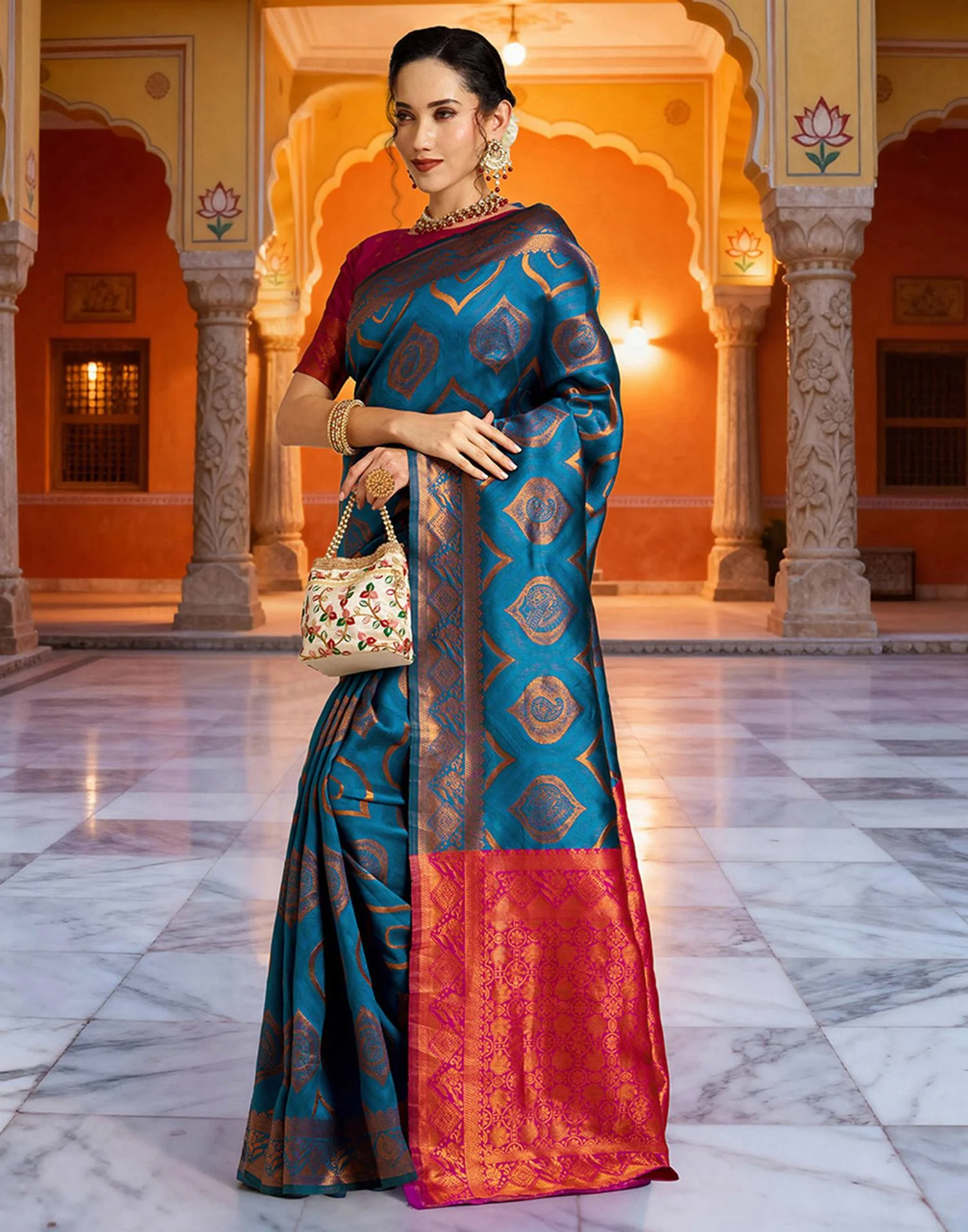 Blue Silk Woven Banarasi Saree - Image 5