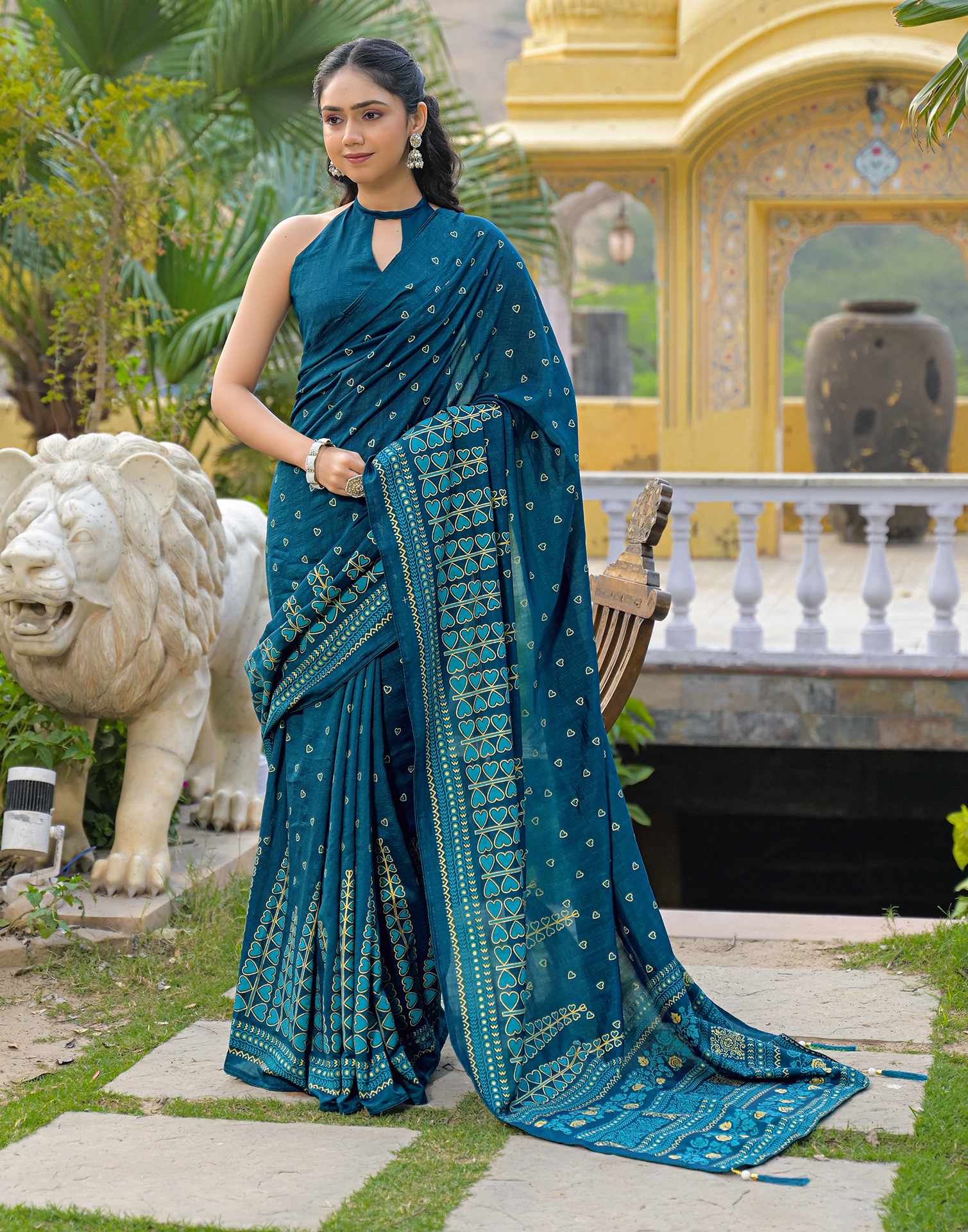 Rama Blue Vichitra Silk Foil Printed Saree - Image 2
