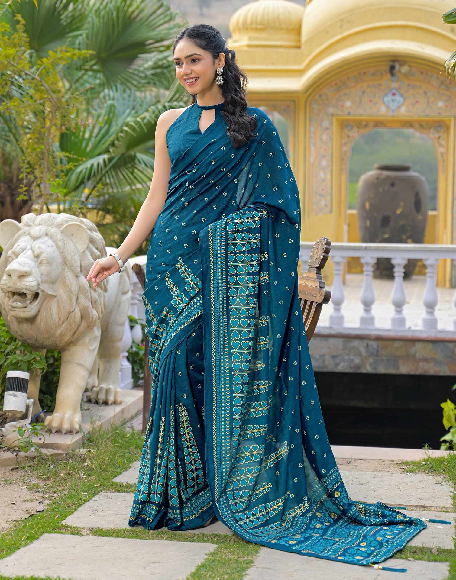 Rama Blue Vichitra Silk Foil Printed Saree - Image 5