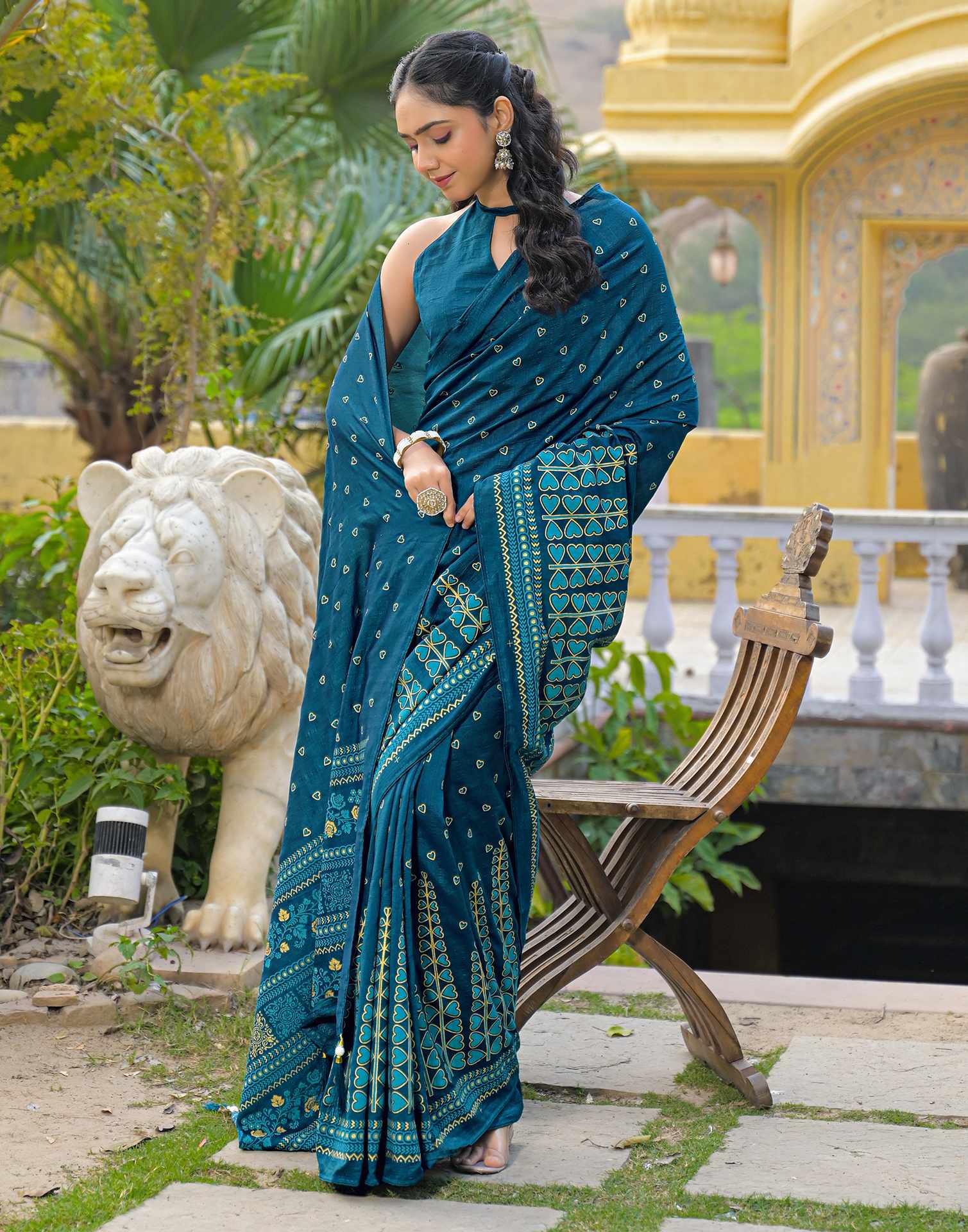 Rama Blue Vichitra Silk Foil Printed Saree - Image 6