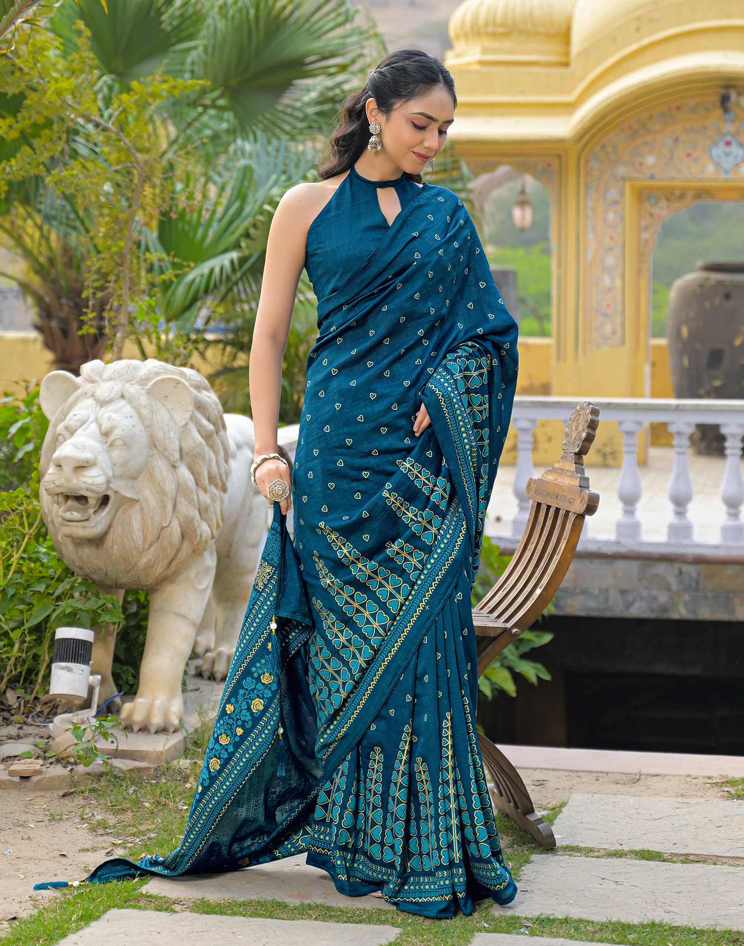 Rama Blue Vichitra Silk Foil Printed Saree - Image 8