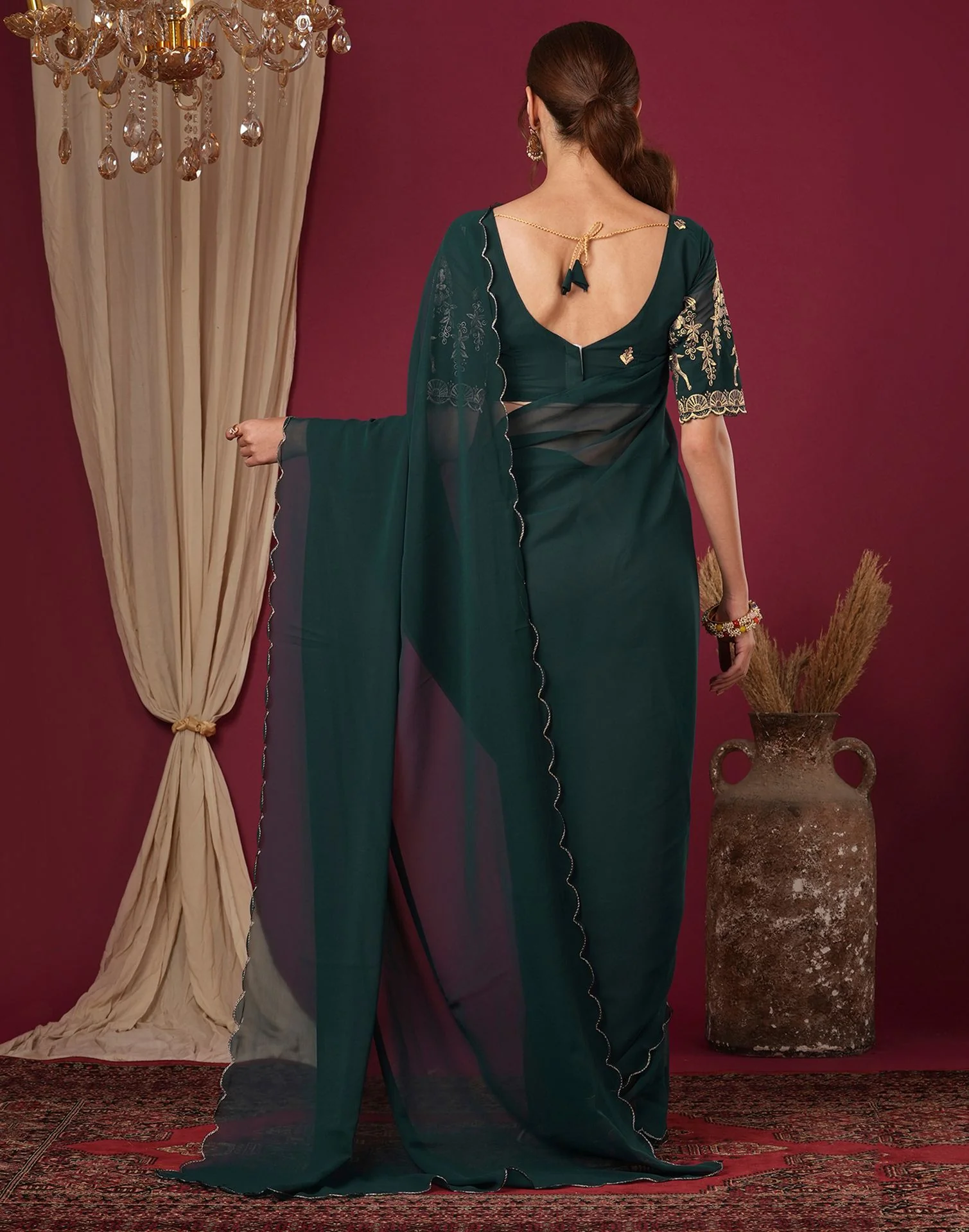 Rama Green Georgette Dyed Plain Saree - Image 6