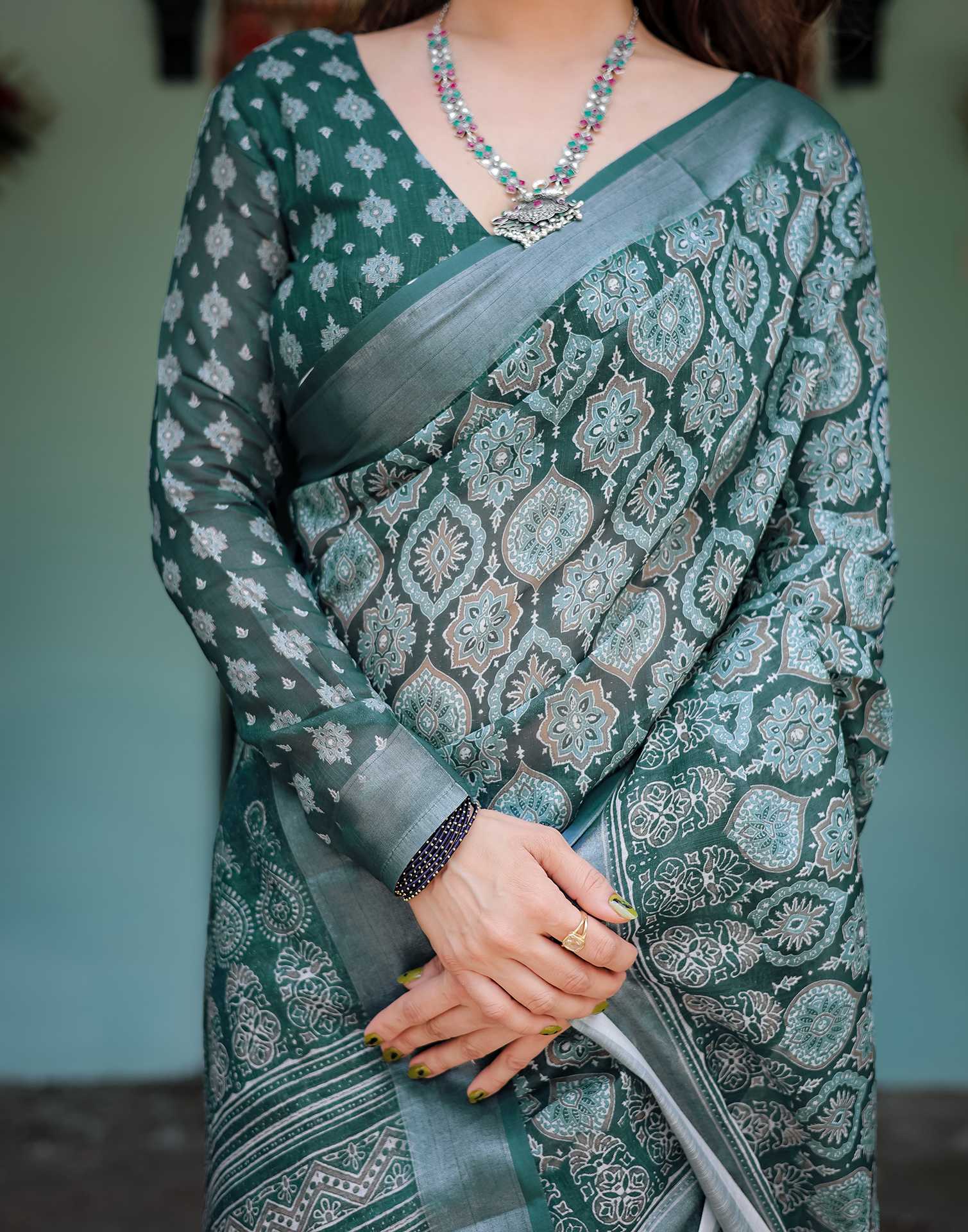 Rama Green Linen Printed Saree - Image 7
