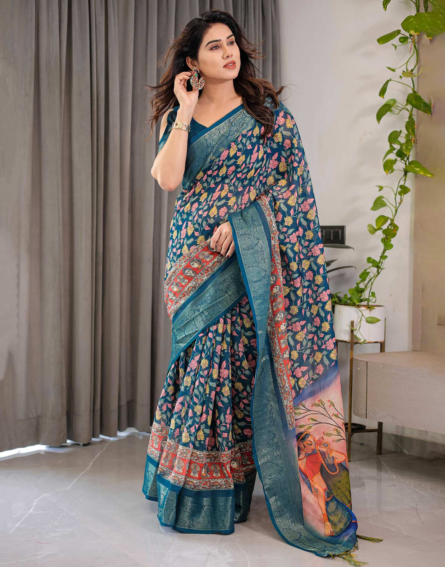 Rama Green Linen Printed Saree - Image 10