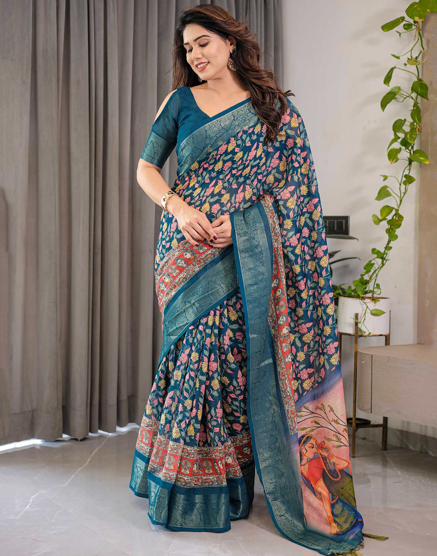 Rama Green Linen Printed Saree - Image 7