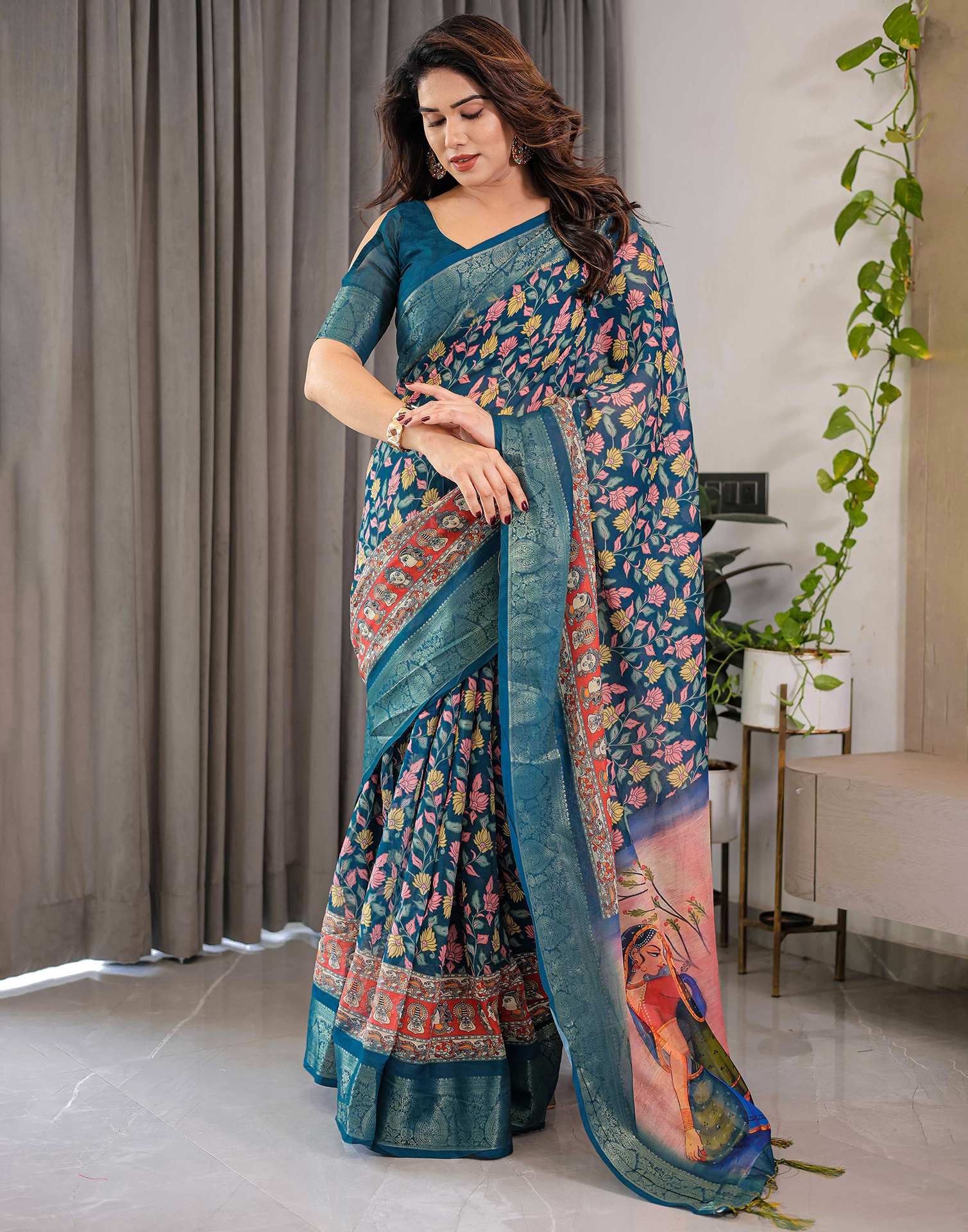 Rama Green Linen Printed Saree - Image 8