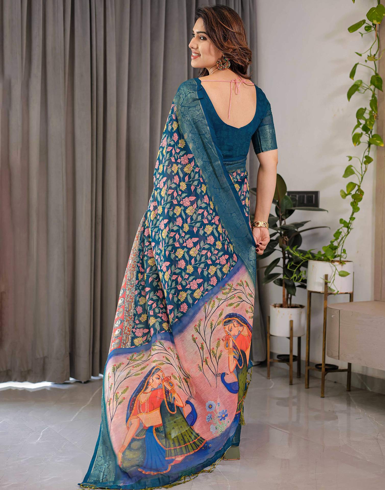 Rama Green Linen Printed Saree - Image 9
