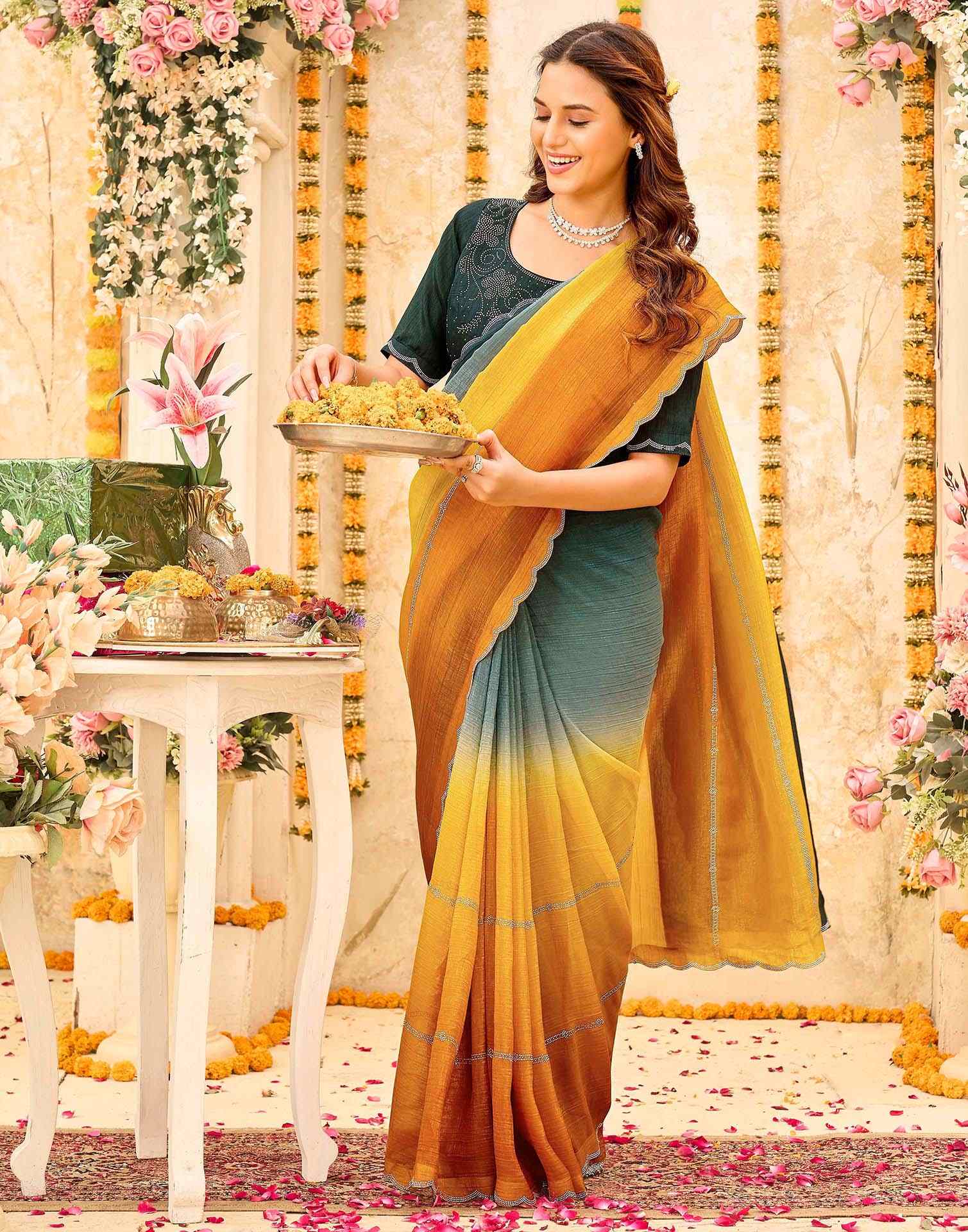 Rama Green Shimmer Stone Work Embellished Saree - Image 4