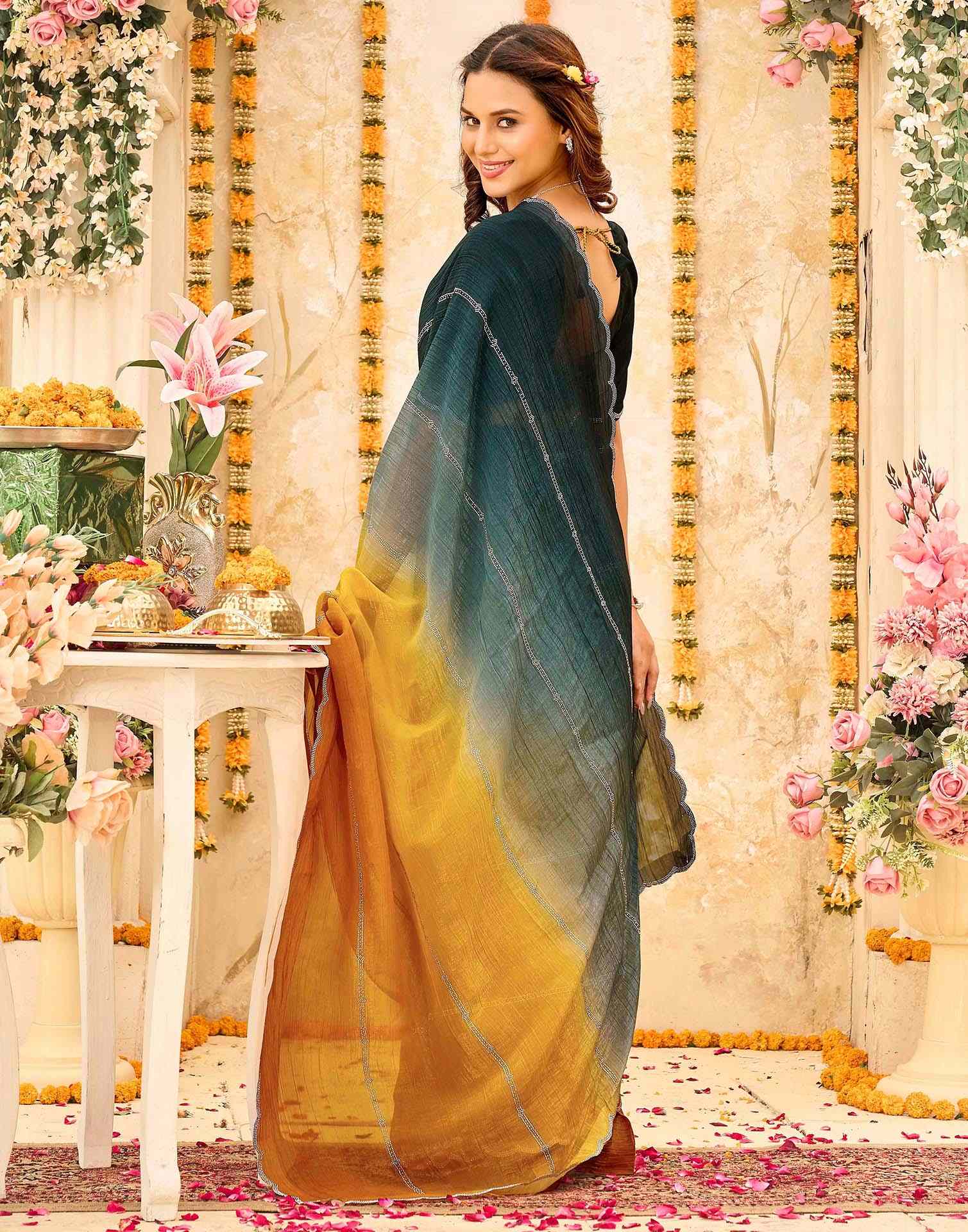 Rama Green Shimmer Stone Work Embellished Saree - Image 5