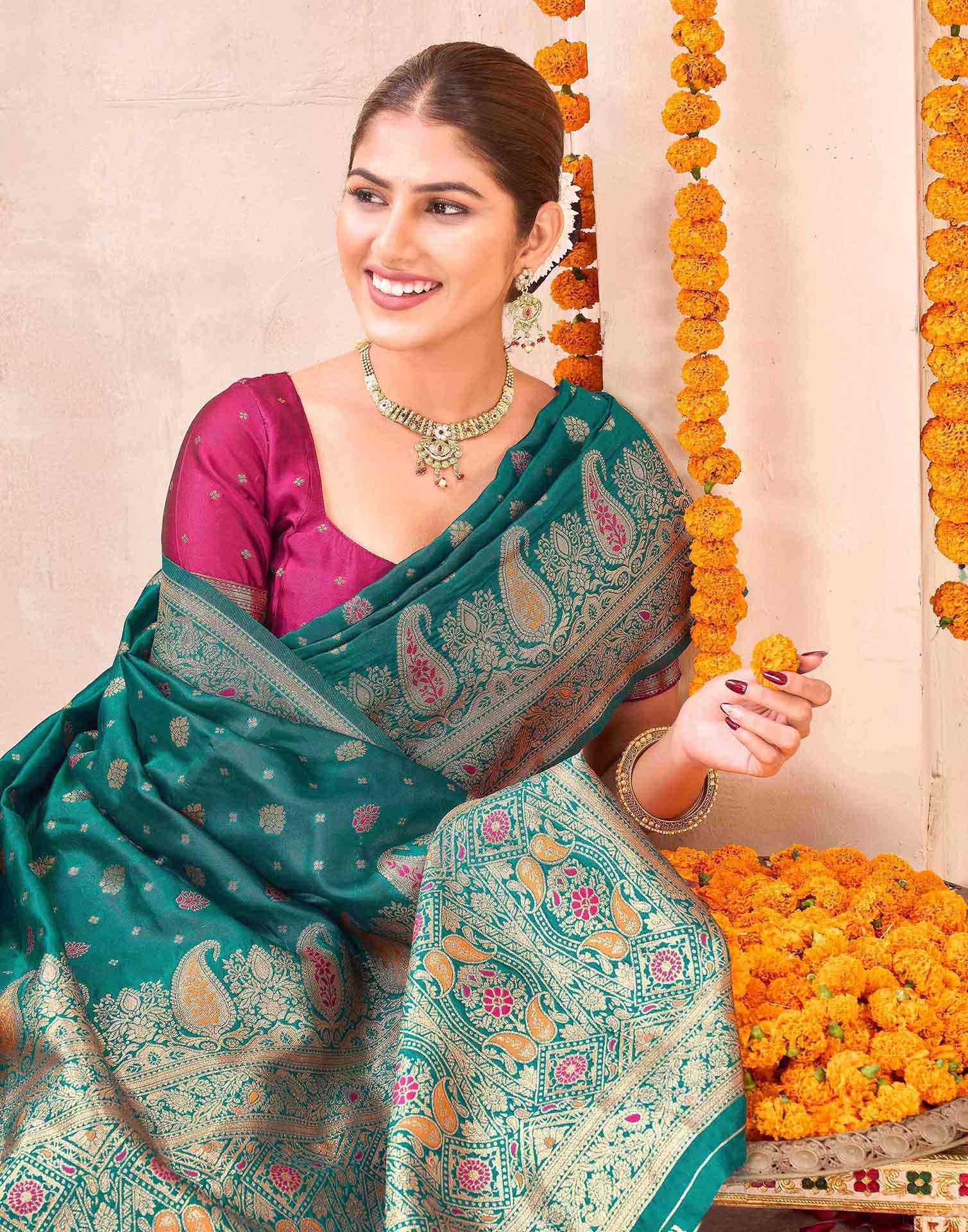 Rama Green Silk Woven Banarasi Saree - Image 2