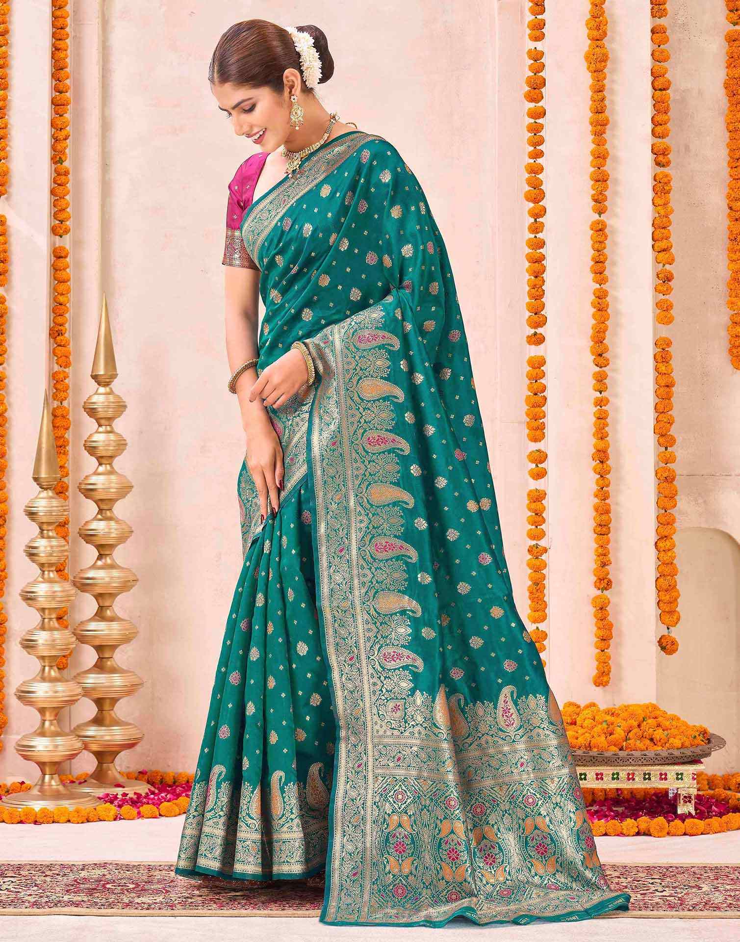 Rama Green Silk Woven Banarasi Saree - Image 4