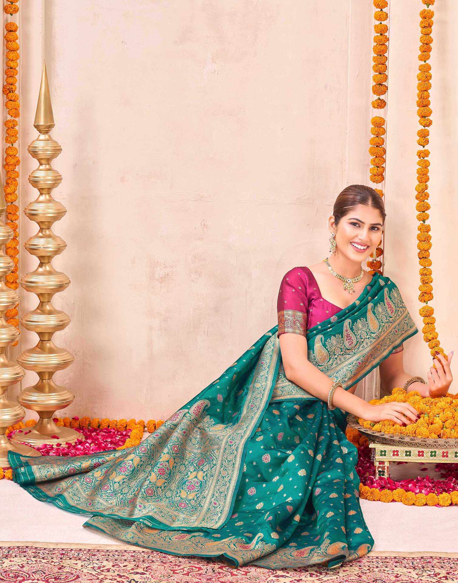 Rama Green Silk Woven Banarasi Saree - Image 5